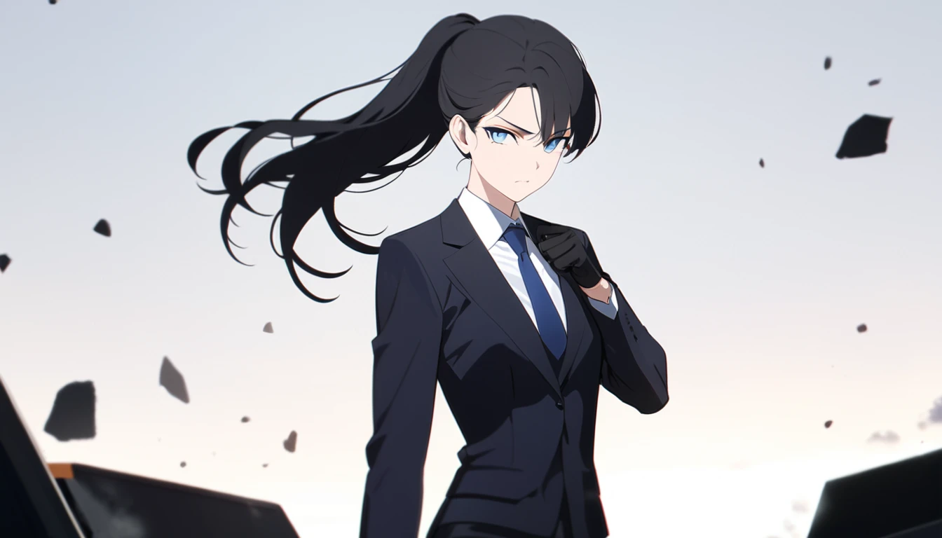 (masterpiece, high quality, best quality, highres,) One Woman, young, black hair, ponytail, Blue Eyes, Athletic build, determined, closed mouth, shirt, Black suit, Simple, white background, Are standing, cowboy shot, Photograph from the front