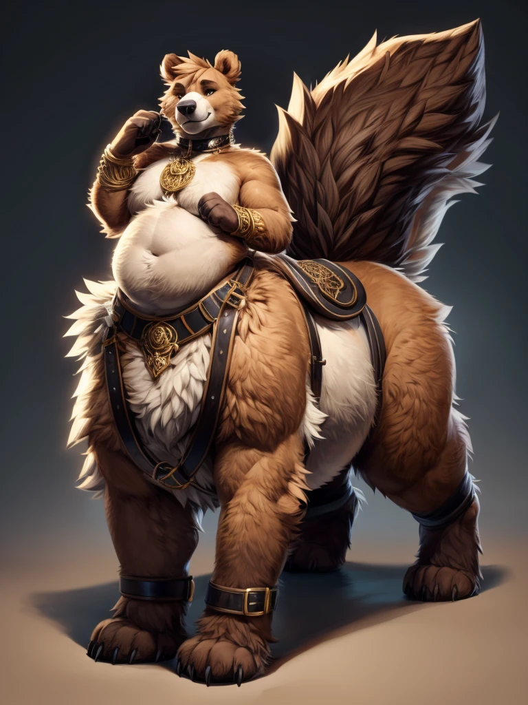 4k ultra quality, 4k full body view,(ultra high detailed body),(enomorous beartaur), detailed body,white belly fur,by mystikfox61, by glitter trap boy,feral paws, by bebebebebe,by morethreedee, by seibear,(choker),(thick thigh),(chubby thigh),thicc thigh,thick legs,chubby legs,thicc legs,massive butt,enomorous thigh,massive thigh,massive legs,enomorous legs,thick lower legs,wide legs,(detailed thigh),(wide thigh),thick butt,fluffy belly,furry belly,sharp nails,((sfw)),(ultra detailed face),detailed eyes,big tail,fluffy tail,(detailed tail),enomorous tail,big tail,volumetric light,((taur)),ultra bigger lower body,big lower belly,round lower belly,big paws,(thick bear paws),fluffy paws,furry paws,enomorous foot paws,huge foot paws,animal focus,legendary beast,standing,enomorous lower body,strong lower body,(long legs),front view,golden bracelet,leather belts,ornate necklace,ornate belts,multiple belts,ornate saddle