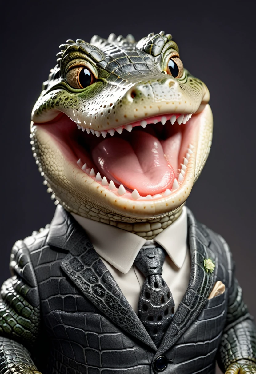 face close up photo of anthropomorphic fat baby crocodile,(teeth), (), dressed in a dark gray suit, (sticking out tongue:1.5),(happy smile:1.5),(playful:1.2), soft lighting, Cinematic, hdr, primitive, Intricate, High quality, smoothing tones, Intricate details, Low contrast,(viewed from side:2.0), (looking to the side:1.5), simple background
