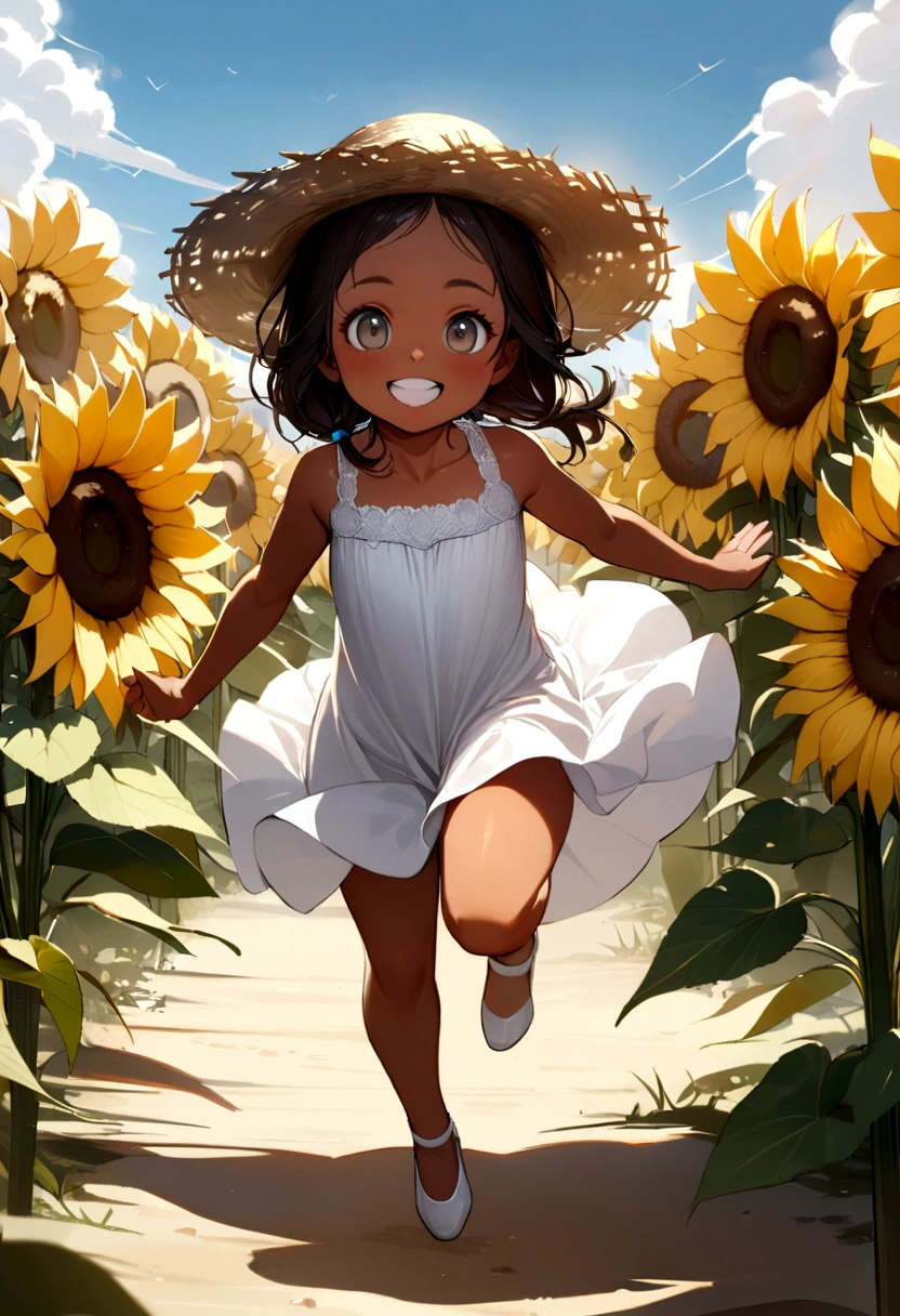 ((masterpiece)),((Highest quality)),((High resolution)),((Anatomical)),((Realistic)),((Detailed Description)),((Perfect lighting)),((8K)),((cute)),((blue sky)),((cumulonimbus)),((Big sunflower field)),(((One little girl))),(((Lori))),(((neutral))),((8-year-old)),((Beautiful eyes)),((Baby Face)),((low length)),((Petite)),((slender)),((smile)),((White teeth)),((((Deep tan)))),((Full body view)),((Pure white dress)),((Straw hat)),((Sprinting)),