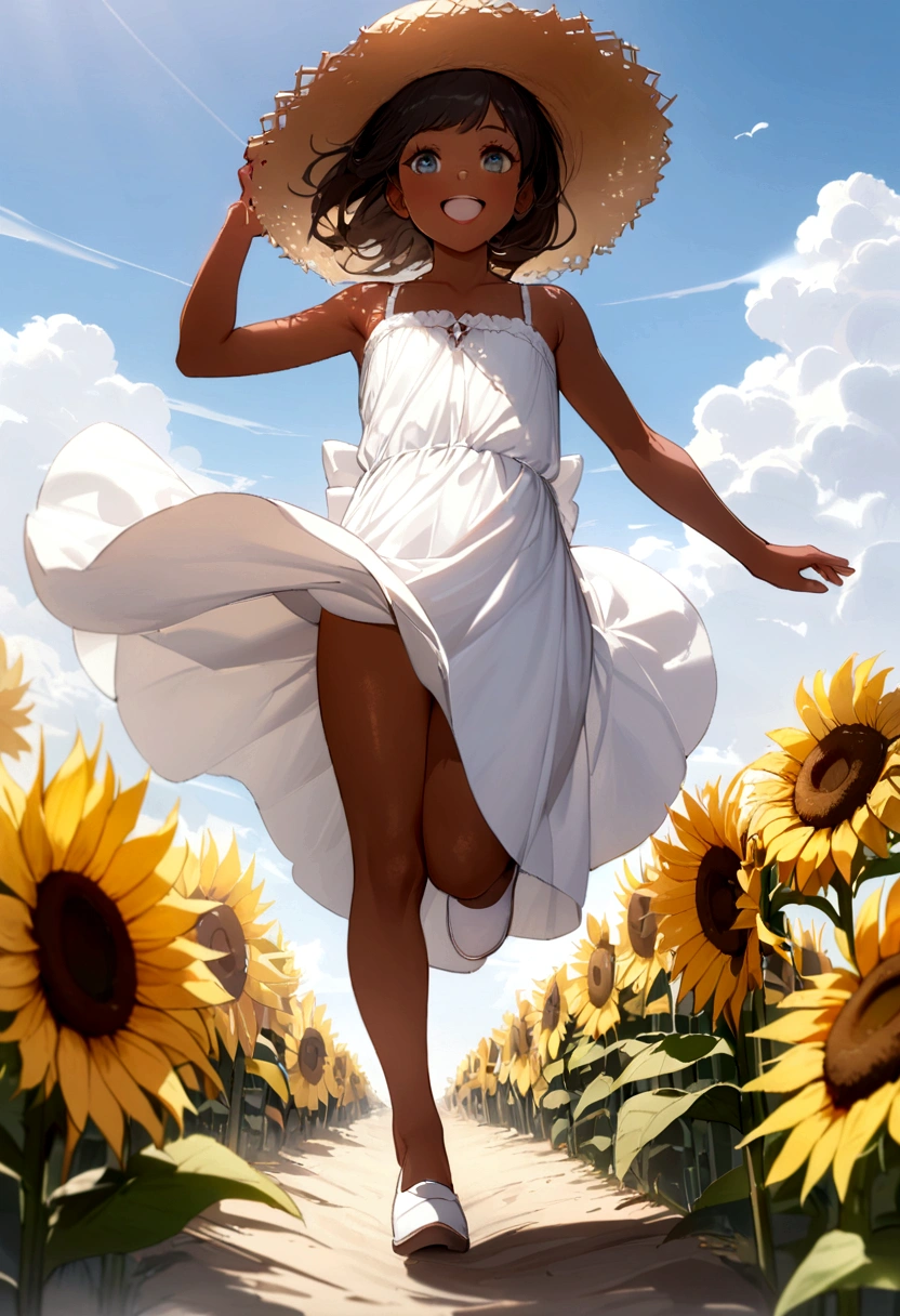 ((masterpiece)),((Highest quality)),((High resolution)),((Anatomical)),((Realistic)),((Detailed Description)),((Perfect lighting)),((8K)),((cute)),((blue sky)),((cumulonimbus)),((Big sunflower field)),(((One ))),(((Lori))),(((neutral))),((8-year-old)),autifeyes)),((Baby Face)),((low ((Petite)),((slender)),((smile)),((White teeth)),((((Deep tan)))),((Full body view)),((Pure white dress)),((Straw hat)),((Sprinting)),