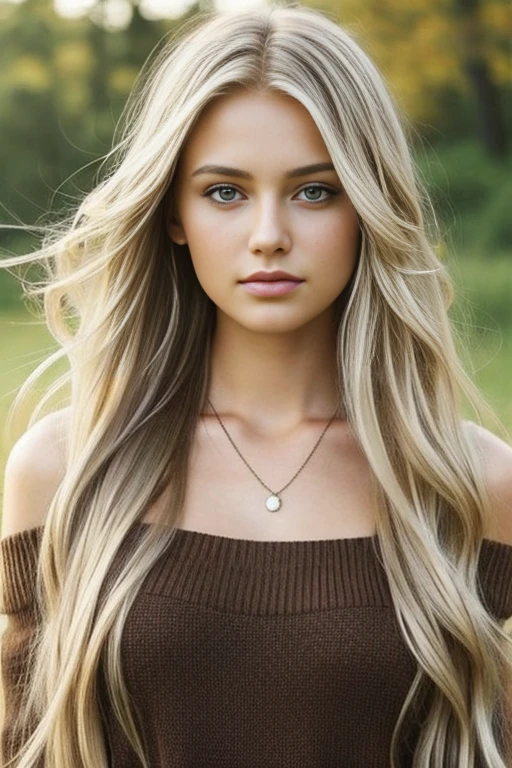 1girl in, age19, Solo, Long hair, Colossal , Looking at Viewer, blondehair, Bare shoulders, Brown eyes, jewely, Full body, a necklace, off shoulders, Sweaters, Realistic, A sexy, super crazy hairstyles, beautiful long hairs, crazy long hairs, super long hairs, long hair, crazy long hairs, super long hair