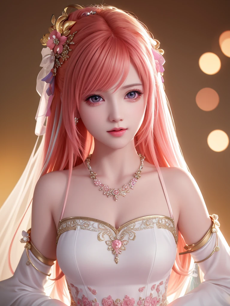 best quality, masterpiece, High target, 1 Girl, Beautiful and fashionable clothes, Hair Decorationss, necklace, Decorations, Pretty Face, When the body, Tyndall effect, Realistic Portraits, Dark Studio, Edge lighting, Two-color light, (Very delicate skin:1.2), 8K uhd, Digital SLR Camera, Soft Light, high quality, Volumetric Lighting, Honest, photo, high resolution, 4k, 8K, Bokeh, Orange hair,pink hair tips, Pink Eyes.