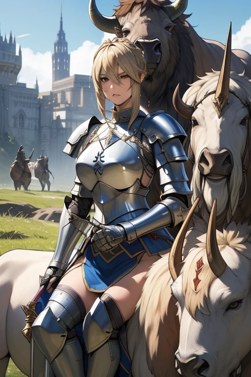(masterpiece, best quality),Woman in armor holding a sword in front of a bison, Armor Girl, Age 25,Mature Woman, fantasy,, Blonde woman, Granblue Fantasy, female knight, Artoria Pendragon, Different world, 4k,
