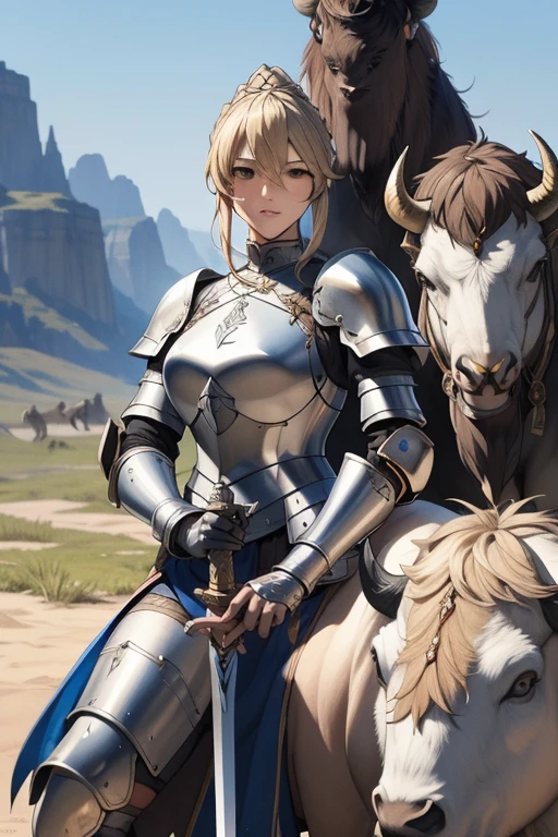 (masterpiece, best quality),Woman in armor holding a sword in front of a bison, Armor Girl, Age 25,Mature Woman, fantasy,, Blonde woman, Granblue Fantasy, female knight, Artoria Pendragon, Different world, 4k,