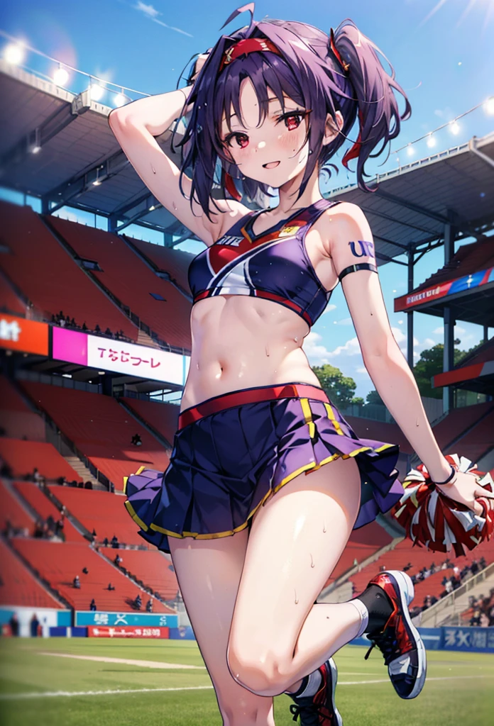 yuukikonno, yuuki konno, hair band, Long Hair, Pointed Ears, Purple Hair, (Red eyes:1.5), (Small breasts:1.2), Open your mouth wide,(Very delicate eyes), (cheer leading), (whole body),smile,blush,Lower, (Sweaty), Sweaty Wet Clothes, (Purple clothes), Pleated skirt,Black socks,sneakers,Belly-baring support, playground, (Jump), (Jump), 足を曲げてJumpする, air, blue sky, Grass原, smile,Cheerleader, Pom-pom \(cheer leading\), Grass, smile,
break looking at viewer, whole body,(Cowboy Shot:1. 5) ,
break outdoors, Stadium,crowd, people々々,
break (masterpiece:1.2), Highest quality, High resolution, unity 8k wallpaper, (figure:0.8), (Beautiful attention to detail:1.6), Highly detailed face, Perfect lighting, Highly detailed CG, (Perfect hands, Perfect Anatomy),