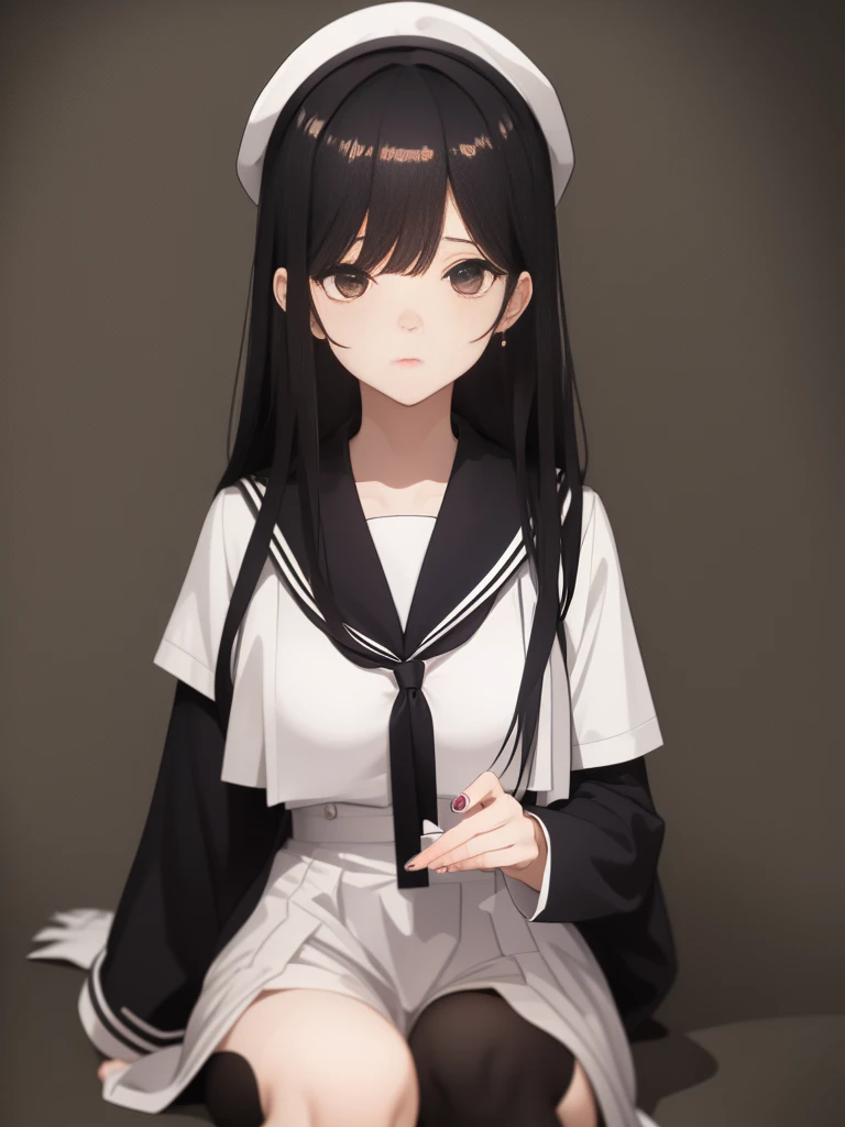 Her hairstyle is long black hair、The expression is shy、The outfit is a sailor suit、Promotional photo