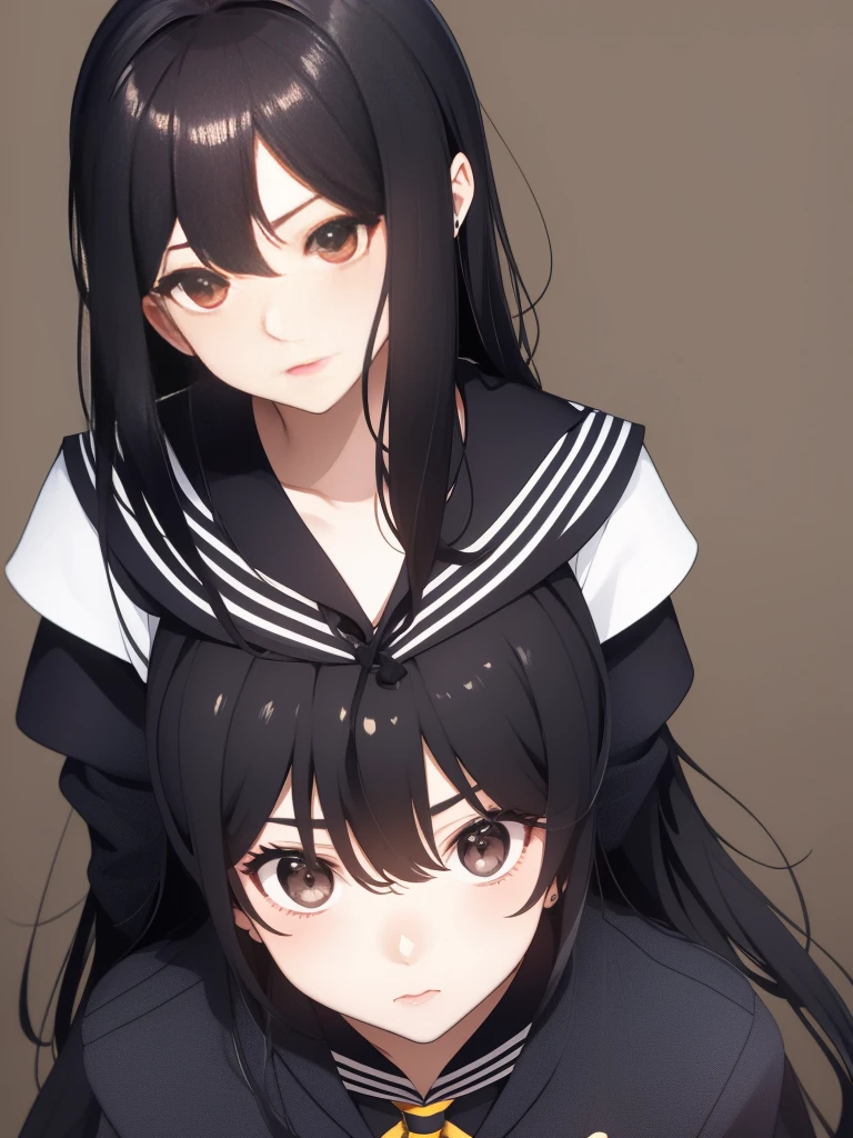 Her hairstyle is long black hair、The expression is shy、The outfit is a sailor suit、Promotional photo
