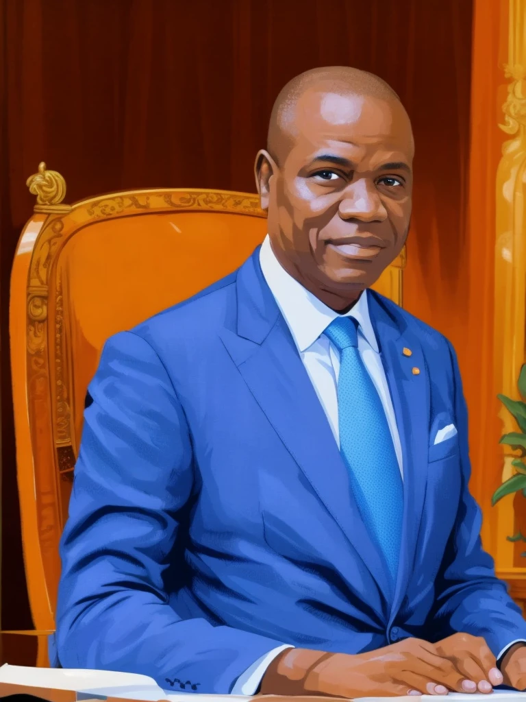 Detailed and realistic portrait of African President Oligui in black suit, shaved head with white background, dessin au trait ; encre fine, Style bande dessinée, Magnifique dessin au trait, Style bande dessinée, soft, dim light, 8k
