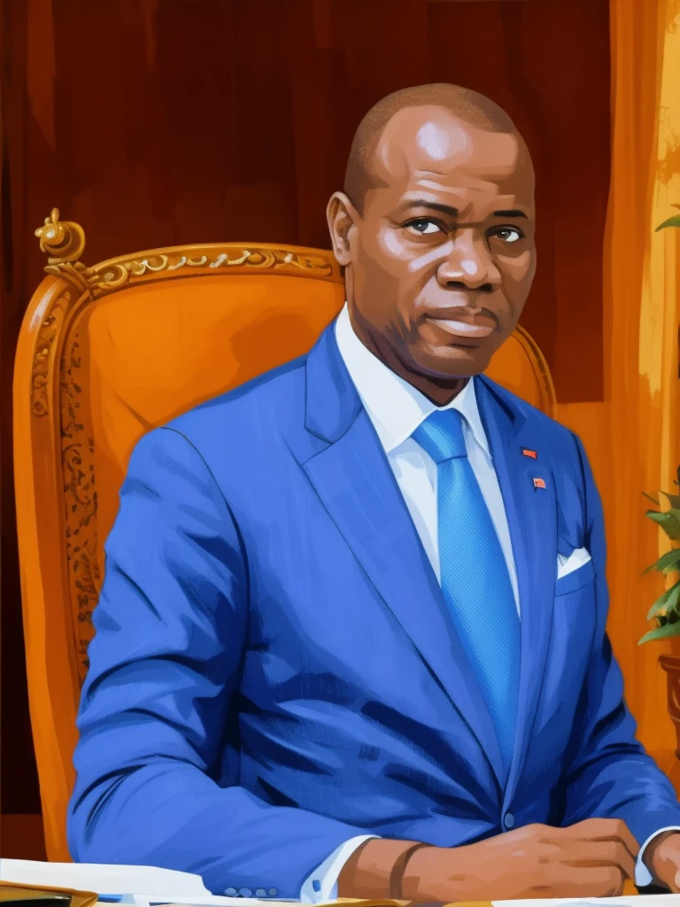 Detailed and realistic portrait of African President Oligui in black suit, shaved head with white background, dessin au trait ; encre fine, Style bande dessinée, Magnifique dessin au trait, Style bande dessinée, soft, dim light, 8k
