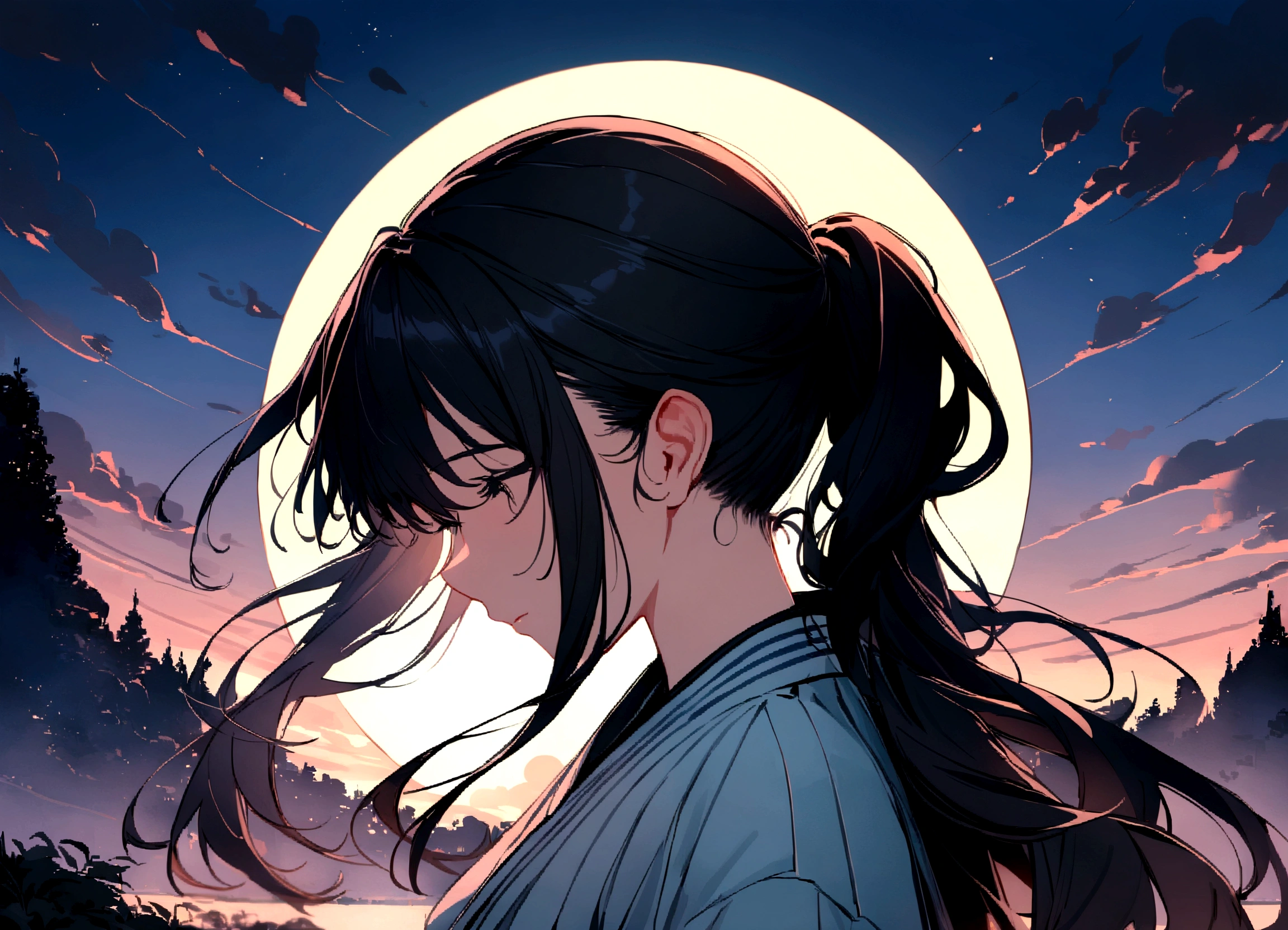 panoramic (in the night Countryside Tian Ying), (detailed background is Beautiful stream, full moon and many detailed fireworks), (back style, in a kimono), break, ((8girls)), look at fireworks, (1 girl is blue long hair), (1 girl is silver long hair), (1 girl is ponytail green hair), (1 girl is  brown bob short hair), (1 girl is brown long hair), (3 girls are black long hair), BREAK, perfect ???????, masterpiece, best quality, 16k, beautiful detailed grow, daydreaming expression.