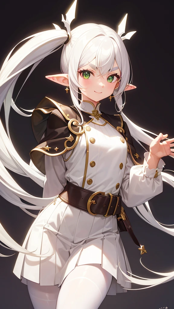 (masterpiece), best quality, high resolution, highly detailed, perfect lighting, aafrie, long hair, white hair, twintails, pointy ears, earrings, green eyes, thick eyebrows, white capelet, striped shirt, long sleeves, belt, white skirt, black pantyhose , upper body, smile, (hands behind back:1.1),