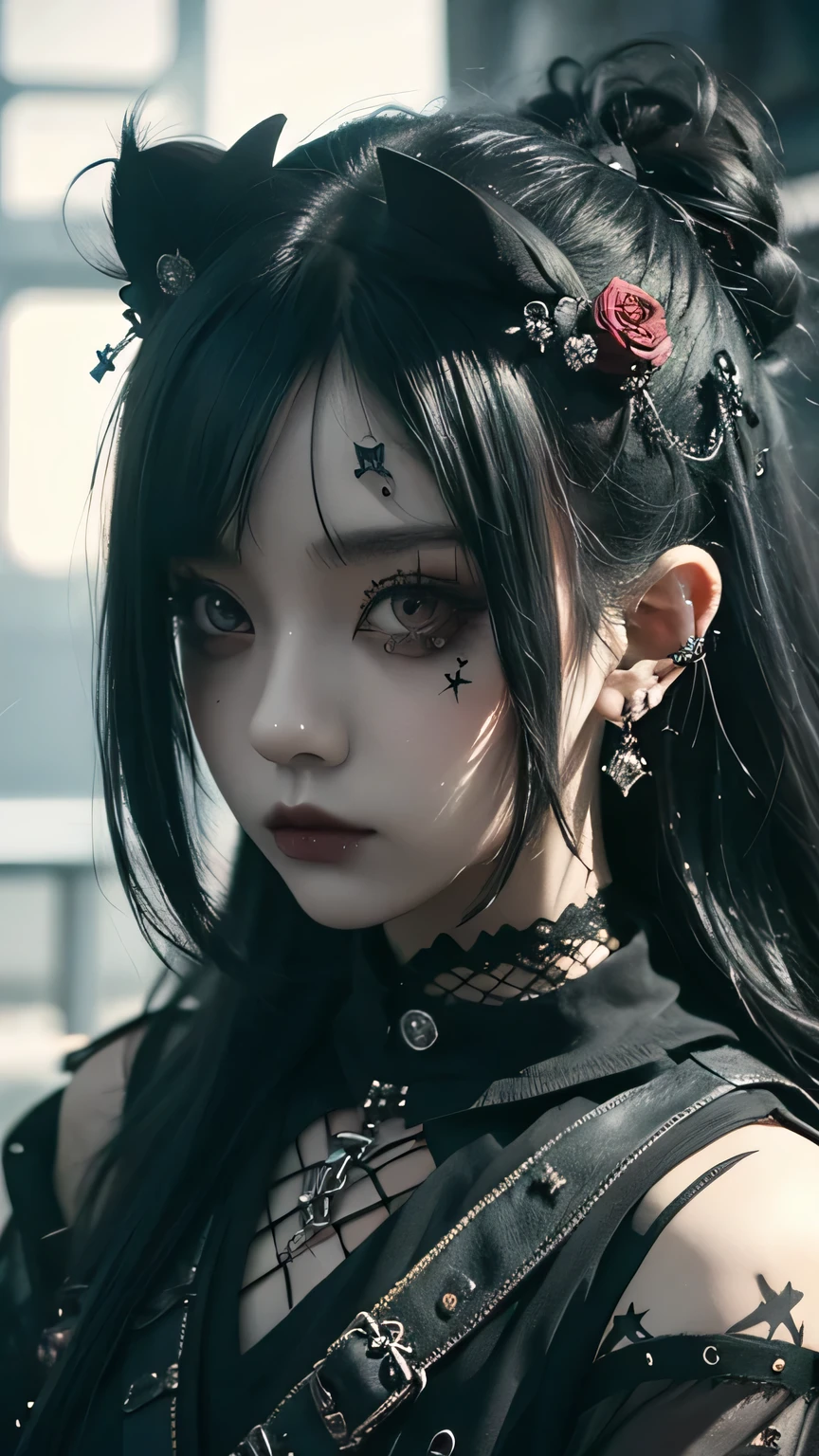Highest quality、8k、masterpiece:1.3、Gothic Punk、The inside color is red、Black-haired、hair ornaments、Beautiful girl、creative、Dark Fantasy Style、Neogoth、Goth Fashion:1.2