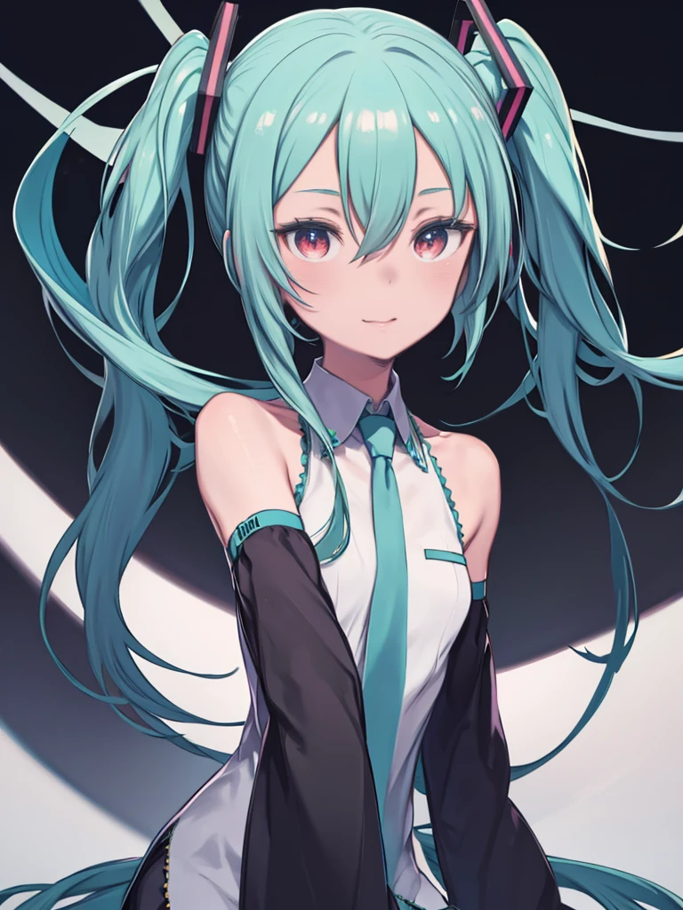 One Mature Woman、masterpiece, Hatsune Miku, White shirt, Blue tie, Bare shoulders, The sleeves are separated, Evil Smiley Face, Dark Skin, Red eyes, Iris, Pupil orange,