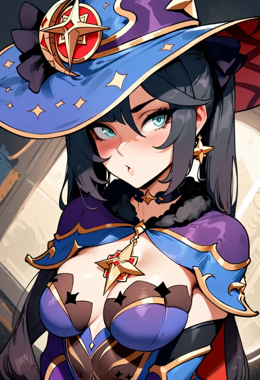 1girl, mona \(genshin impact\), genshin impact \\\\\ masterpiece, best quality, very aesthetic, absurdres, newest \\\\\\ slim body,///// ,by nyantcha,cutesexyrobutts , by khyle,,////// ,,solo,, , ,,detailed face, , ,, , , wallpaper, , beautiful face, sexy, , blush, , space background, big tits, hat, portrait