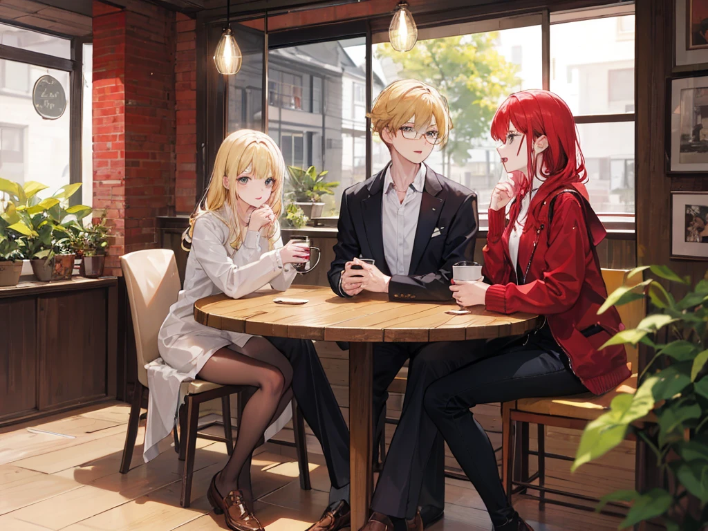 A red-haired woman, a blonde woman and a man wearing glasses are drinking coffee and talking. It&#39;s raining at night and they look happy but a little sad.

