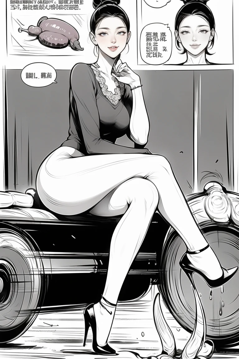The beautiful girl in lace top and leggings is sitting astride a pile of skeletons in the center of the picture. She is holding a trembling sausage with juice squeezed out in her hand and smiling. There are multiple comic storyboards in the background,cbt, sausage bondage,sausage insertion,Sexy, trampling sausage with high heels heel,(masterpiece, best quality:1.2),1 beautiful girl,sexy,comic storyboard:2, leggings, sit astride, axially symmetrical:2, ,femdom,sounding,cbt,hold,smile,colorful,leggings,thin gap,cameltoe,insertion,trembling,juice,spray, Long hair,Lace top,Sexy, Shiny leggings, High heel,cleveage, trampling, in forest, saliva , Mucus,
