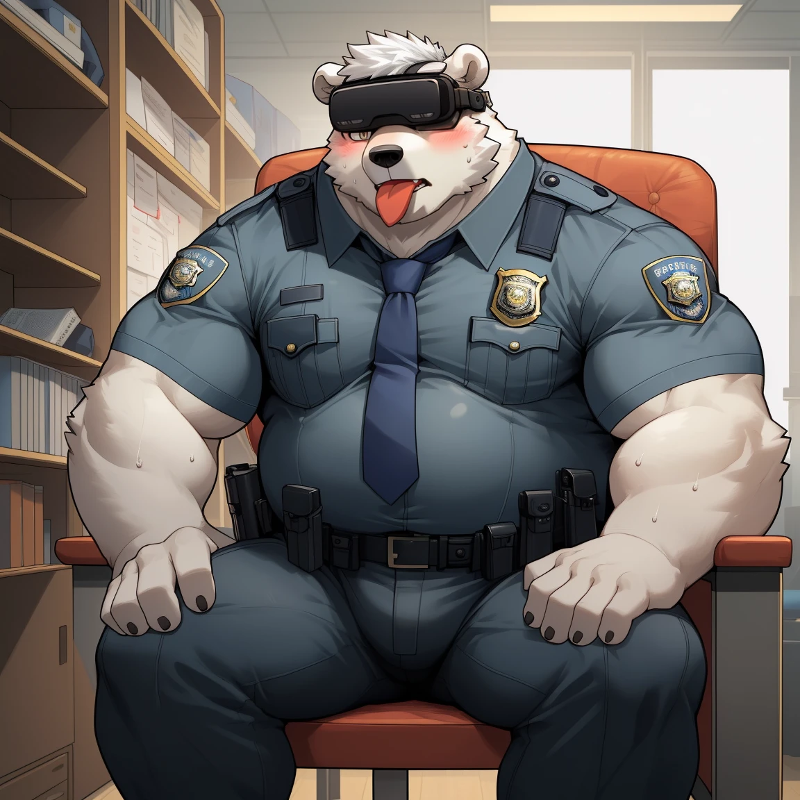 masterpiece, best quality, 8k resolution, Very detailed, hairy,(((polar bear)),(((Mature))),(((beard))),(((Strong))),(((White hair all over body))),(((portrait))),(((White hair))),(((police office))),For the audience,(((Police Uniform))),(((sit on the chair))),(((Tongue out))),Highest quality scene,Solitary,solitary,(((whole body))),(((Shameful))),(((Blushing))),((( VR glasses))),(((Legs apart))),(((sweaty))),((Fat-enclosed muscle)),(((Round face))),(((alone))),(((Strong body))),(((Hip bulge))),