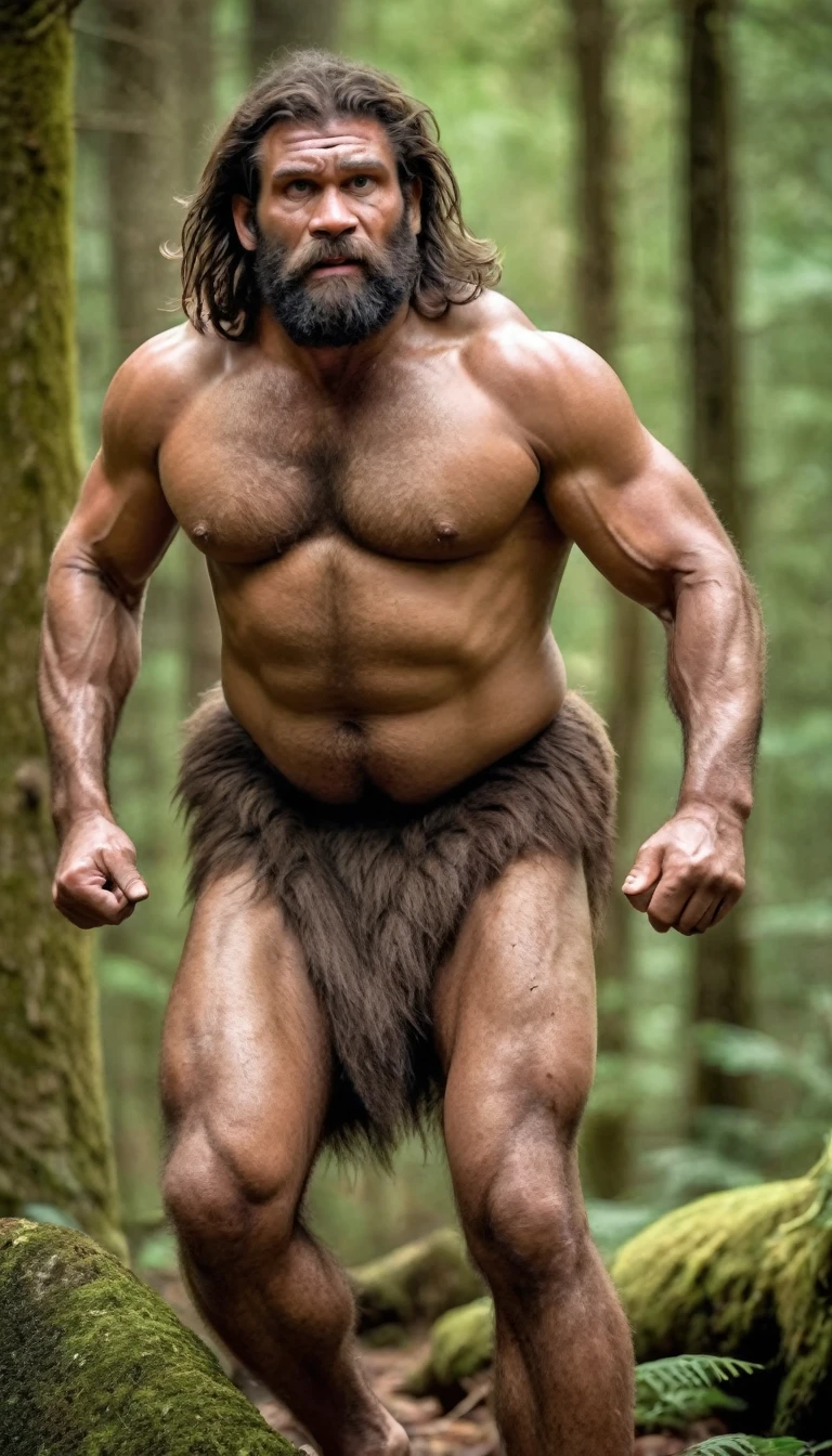 Historical, primitive, a caveman, (Neanderthal man), tall, very muscular, hairy, dark stubble, thick arms, thick legs, rounded pecs, big arms, veiny arms, dumb looking face, shirtless, wearing loincloth, dark brown skin, hdr, photorealistic, on all fours, hunting in a forest.