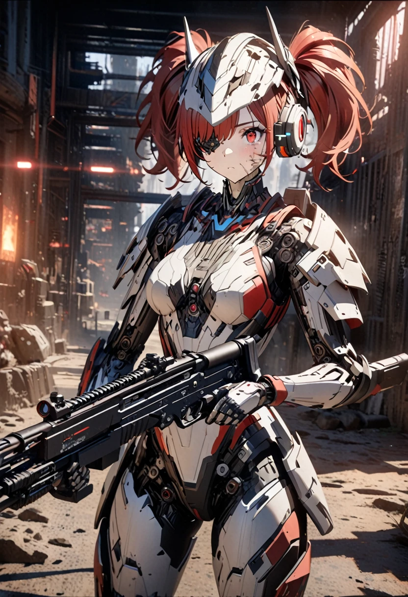 3D digital art from the fantasy world, 1girl, robot girl, red hair, twin tails, red eyes, white and gray camouflage clothing, she wearing flashy robot armor, (holding an urban camouflage long range rifle:1.5), a robot-like helmet on the head, scouter in one eye, the skin on half of the face has peeled off, the base of the cyborg is visible, face full of scars,(cowboy shot),High resolution, high precision images, 4k, 8k, best quality, hyper-detailed, intricate details, cinematic lighting, dramatic colors, concept art style