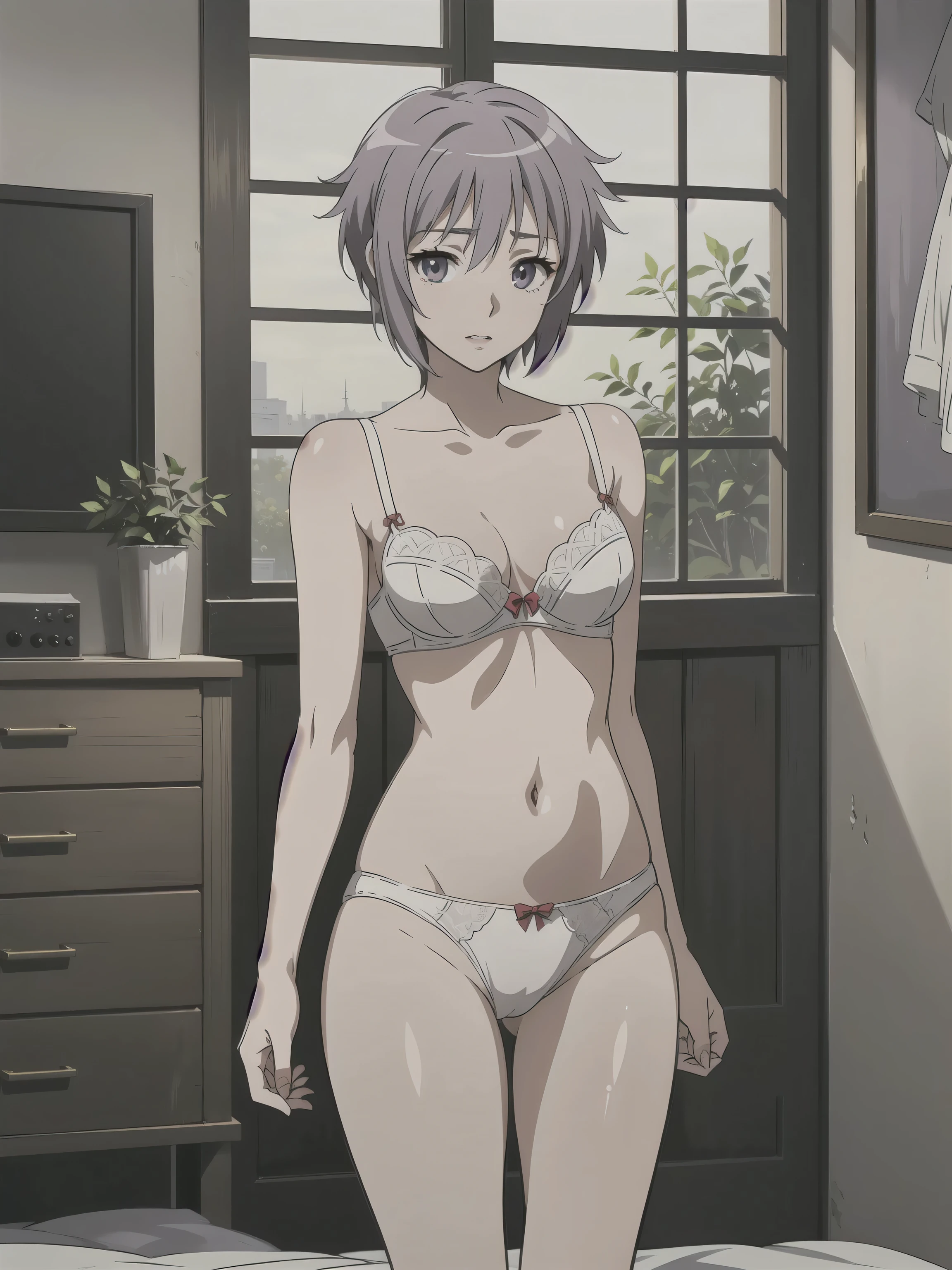 (A superb exquisite yuki nagato), (yuki nagato:1.5), brown eyes, brown hair, natural straight hair, solo, nature, extremely delicate, straight facial features, peerless beautiful girl, soft, (sensual face), ((ecchi face)), dreamy quality, exaggerated facial features, solid color, frank holly, delicate face, bright lips, slender waist, soft curves, super fine, 4k, natural moving, Ultra high resolution, (masterpiece:1.2, best quality), (finely detailed beautiful eyes: 1.2), (beautiful detailed face), sexy nude model, sexy pose, (medium chest), (Perfect Body Proportions), (bedroom), Mekosuji, Spread your legs a little and show off your crotch, bra & panties,