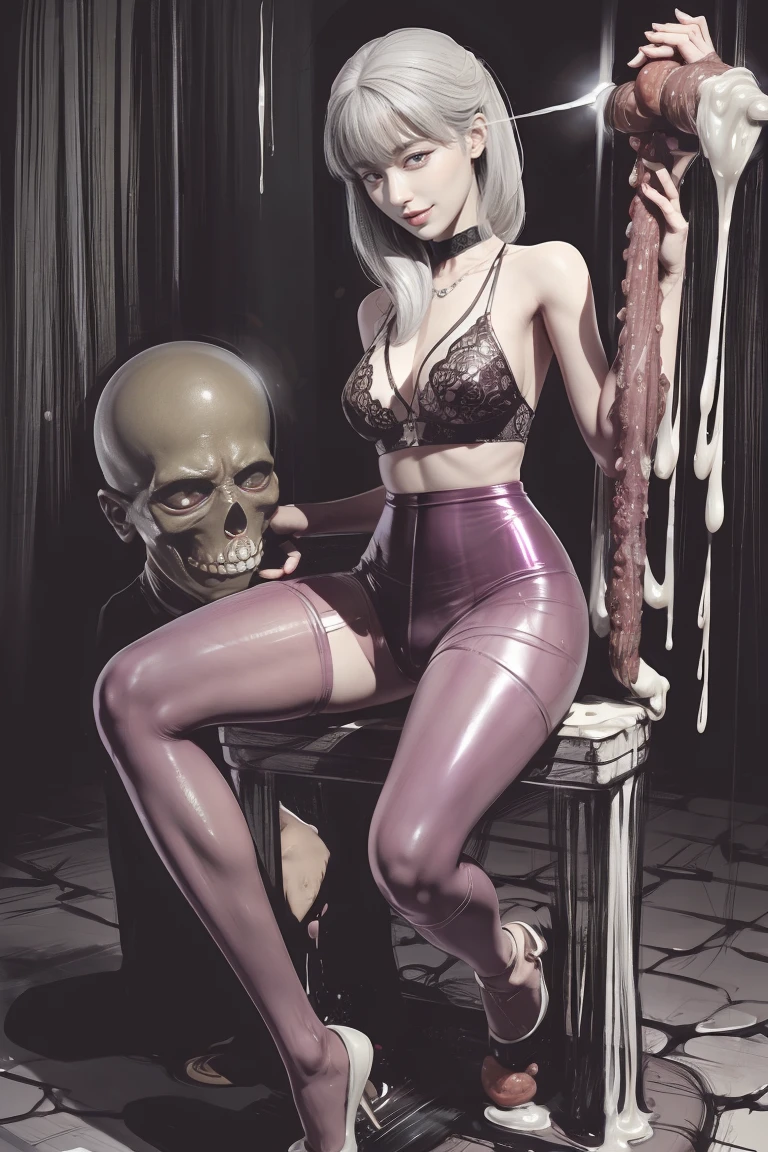 The beautiful girl in lace top and leggings is sitting astride a pile of skeletons in the center of the picture. She is holding a trembling sausage with juice squeezed out in her hand and smiling. There are multiple comic storyboards in the background，cbt, sausage bondage,sausage insertion,Sexy, trampling sausage with high heels heel,(masterpiece, best quality:1.2)，1 beautiful girl,sexy，comic storyboard:2, leggings, sit astride, axially symmetrical:2, ,femdom，sounding，cbt，hold，smile，colorful，leggings，thin gap，cameltoe，insertion，trembling，juice，spray， Long hair,Lace top,Sexy, Shiny leggings, High heel，cleveage, trampling, in forest, saliva , Mucus，