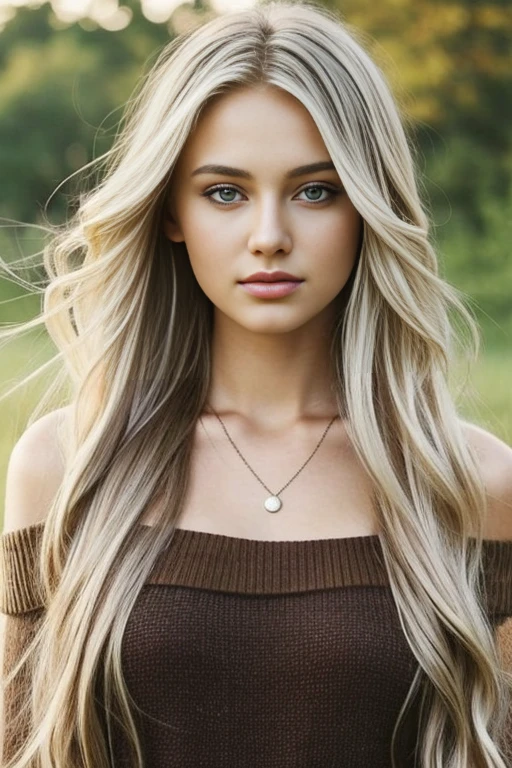 1girl in, age19, Solo, Long hair, Colossal , Looking at Viewer, blondehair, Bare shoulders, Brown eyes, jewely, Full body, a necklace, off shoulders, Sweaters, Realistic, A sexy, super crazy hairstyles, beautiful long hairs, crazy long hairs, super long hairs, long hair, crazy long hairs, super long hair