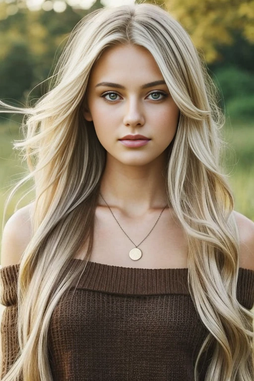1girl in, age19, Solo, Long hair, Colossal , Looking at Viewer, blondehair, Bare shoulders, Brown eyes, jewely, Full body, a necklace, off shoulders, Sweaters, Realistic, A sexy, super crazy hairstyles, beautiful long hairs, crazy long hairs, super long hairs, long hair, crazy long hairs, super long hair