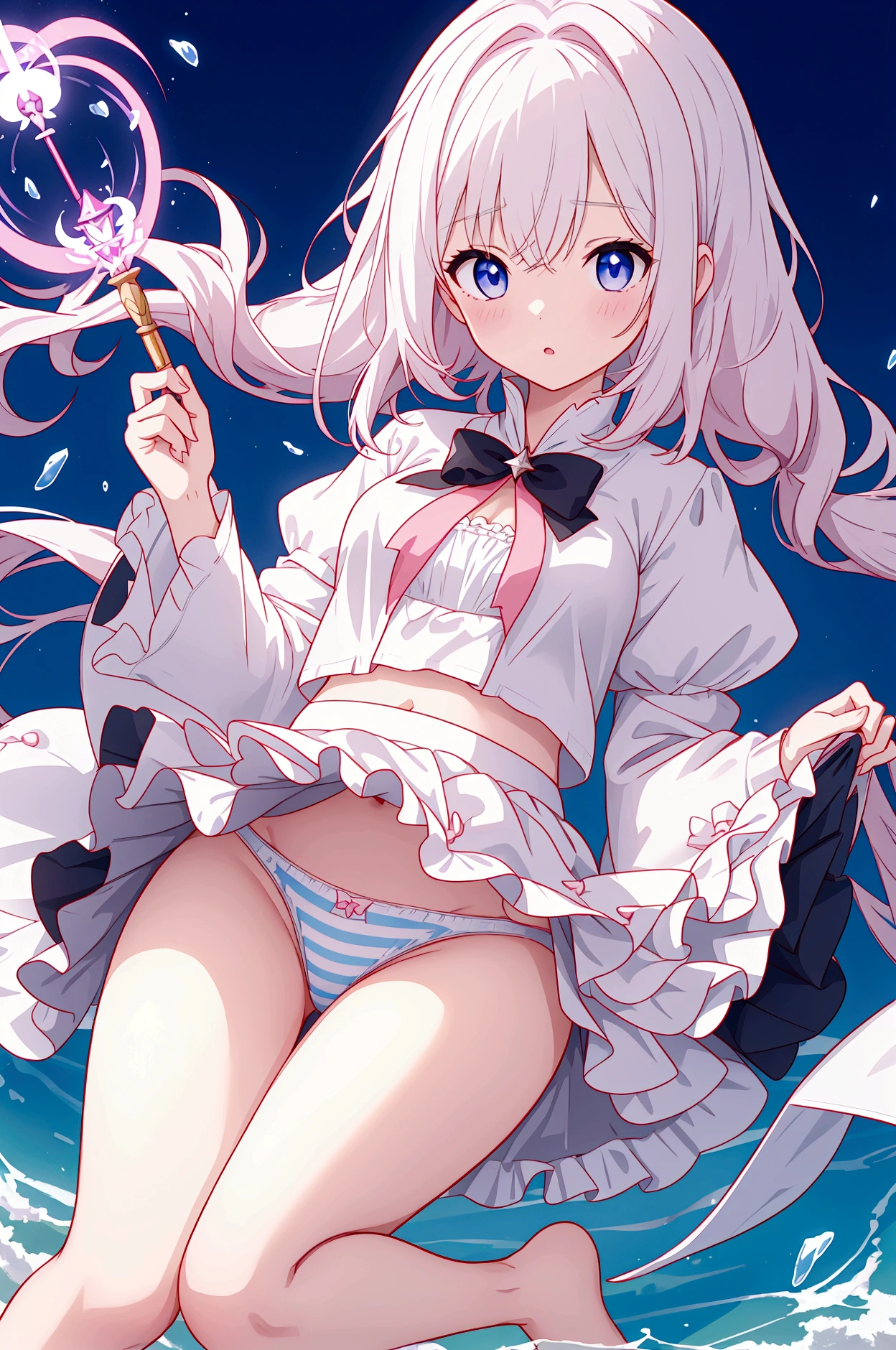 Plain white with emphasis on the chestTshirt、You can see the chest from the neck、Ultramarine and white striped mini skirt、When you lift up her skirt you can see her cute pink frilly underwear..、Fluffy, White frilly flared skirt、When she lifted her skirt, She found some cute red frilly underwear、barefoot、library、Three girls of different heights Magical girl with a magic wand、Wind and water magic、Black Magic Robe