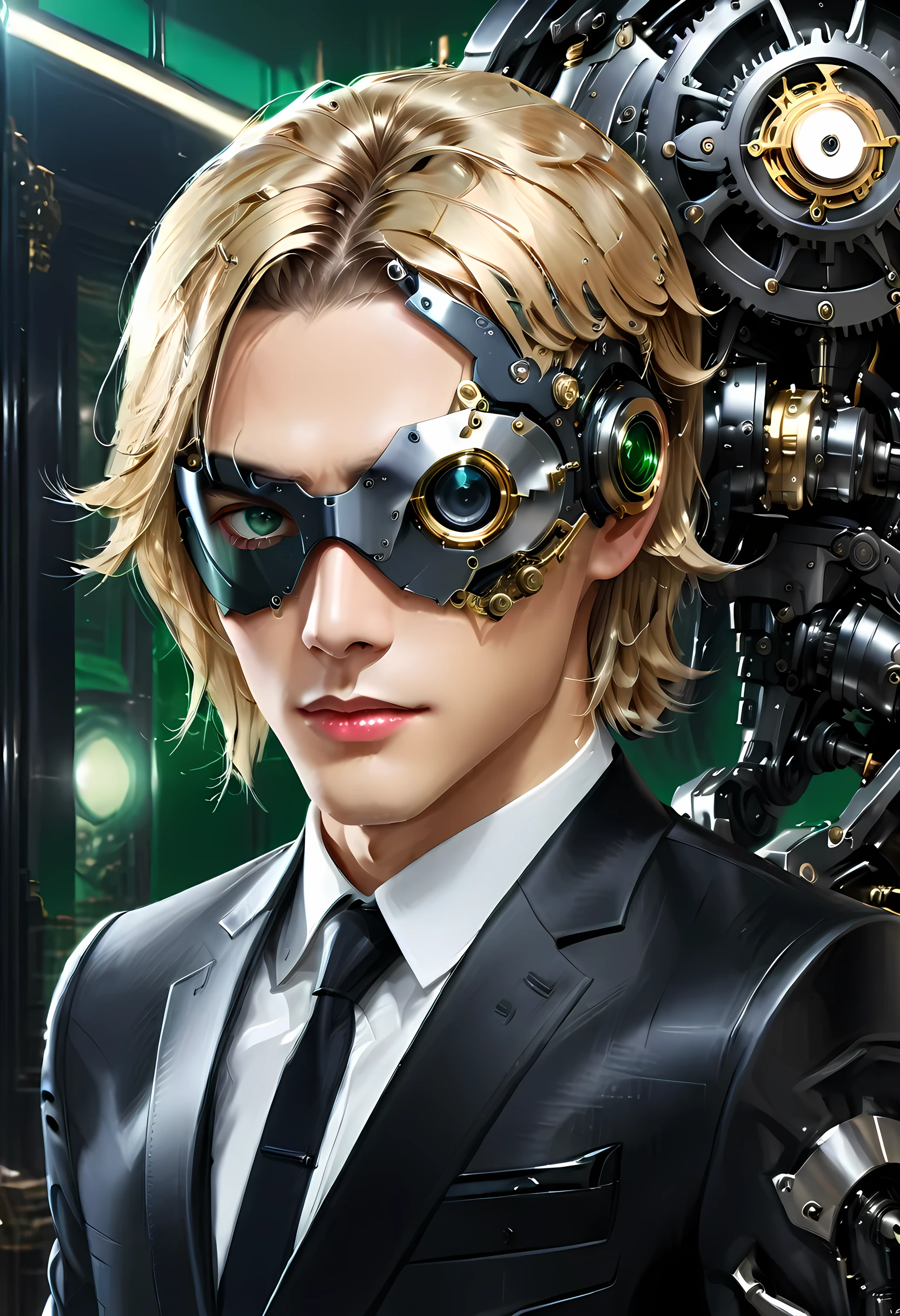 Arafed a picture of a human male spy, wearing dark suit, wearing ((mecha eye patch)), ((eye patch covering only one eye: 1.5))exquisite beautiful male, blond hair, short hair, green eyes, ((the eye patch has intricate mechanical part in it: 1.4)), high society gala event background, (Masterpiece: 1.5), 16k, highres, best quality, high details, ultra detailed, masterpiece, best quality, (extremely detailed),