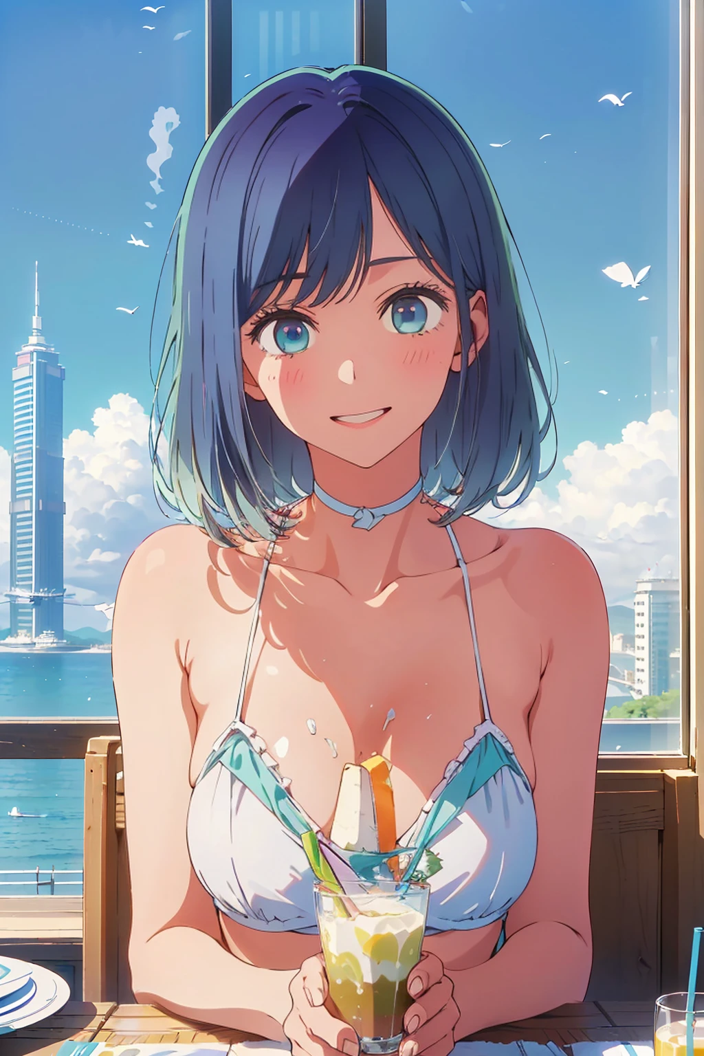 Highest quality,8k,detailed,F cup bust、Big Breasts、Very cute face、Slim and beautiful arms、Slim body、Very white beautiful skin、From an angle、((((1 person、looking at the camera、smile、Thin white bikini、smile、sit、In the background are the skyscrapers of Tokyo city、Outdoor café terrace、Drink juice、Cheek resting on hand、coastal、table、Shooting from a distance))))、I can see the deep blue sky、She tilted her head slightly、The atmosphere is bright and lively、The woman is at the center of the image。