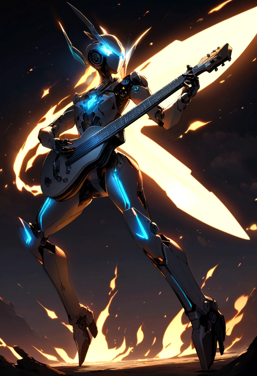 Full body futuristic humanoid robot playing a guitar and shooting out fire