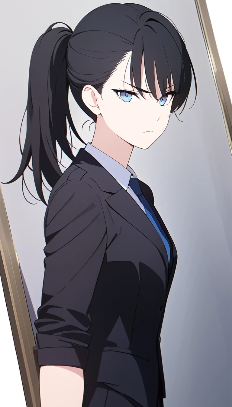 (masterpiece, high quality, best quality, highres,) One Woman, young, black hair, ponytail, Blue Eyes, Athletic build, determined, closed mouth, shirt, Black suit, Simple, white background, Are standing, cowboy shot, Photograph from the front