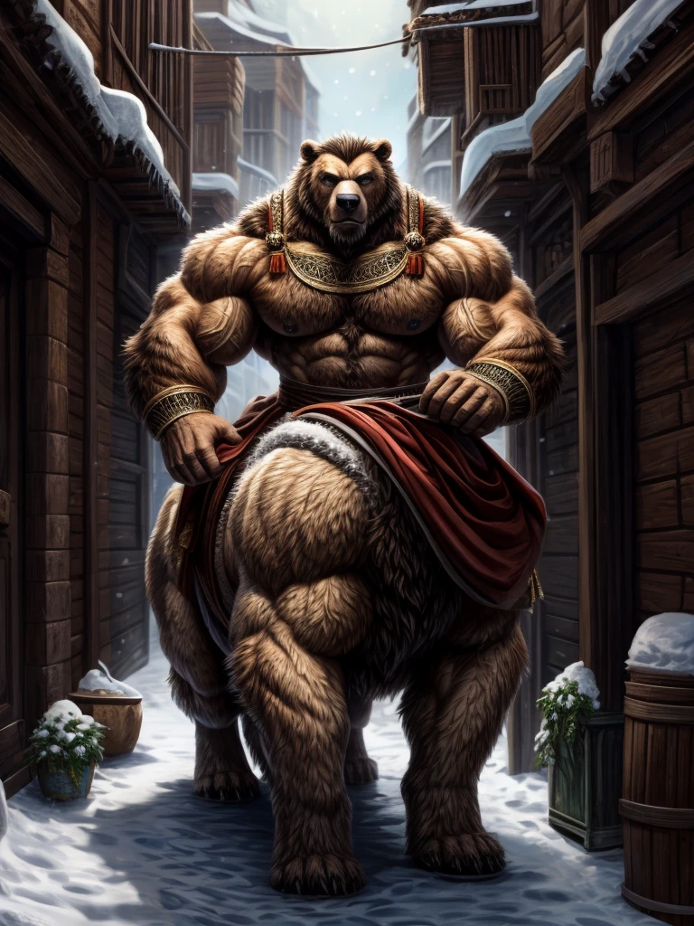 Handsome furry werebear taur，furry，fur taur，Strong muscles，Ancient style dress，snowy alley