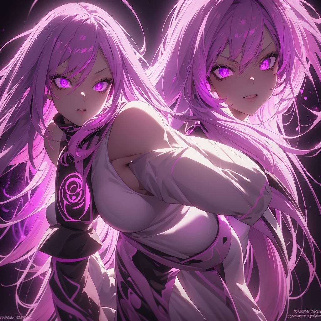 a beautiful anime girl, detailed face and eyes, long purple and pink hair, standing full body, neon purple and pink lights, dramatic lighting, hyper detailed, masterpiece, 8k, photorealistic, intricate details, vibrant colors, glowing neon, cinematic, dramatic pose