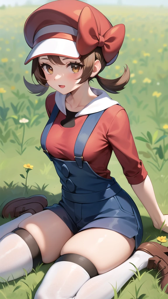 masterpiece, best quality, highres, ly01, overalls, white thighhighs, red bow, red shirt, white headwear, hat bow, eyelashes, wariza, field, grass, thighs, breasts, mature female