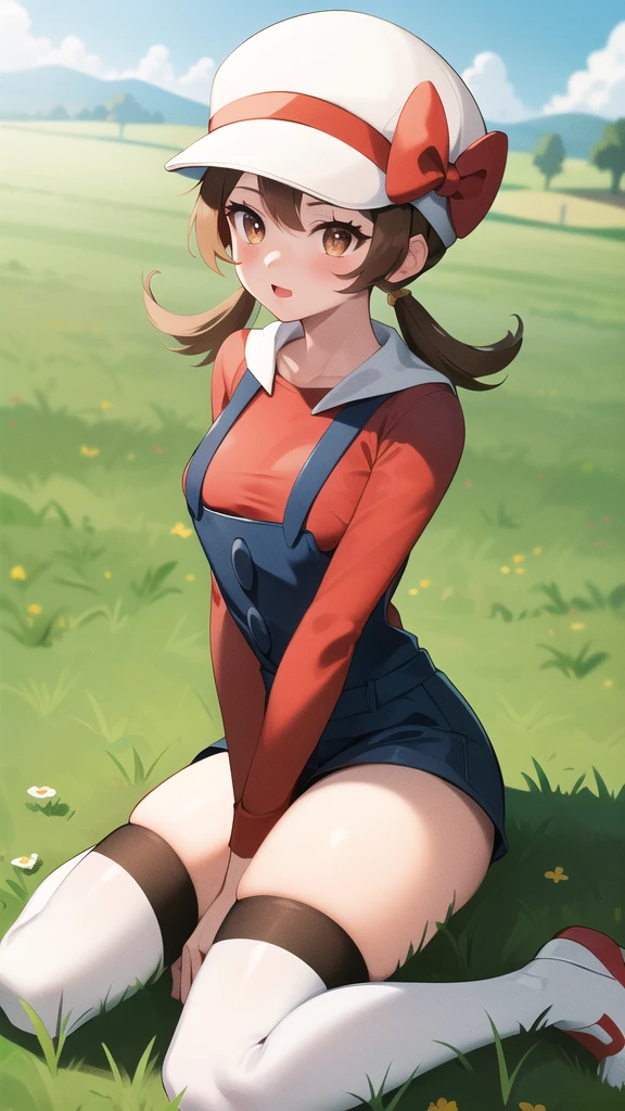 masterpiece, best quality, highres, ly01, overalls, white thighhighs, red bow, red shirt, white headwear, hat bow, eyelashes, wariza, field, grass, thighs, breasts, mature female