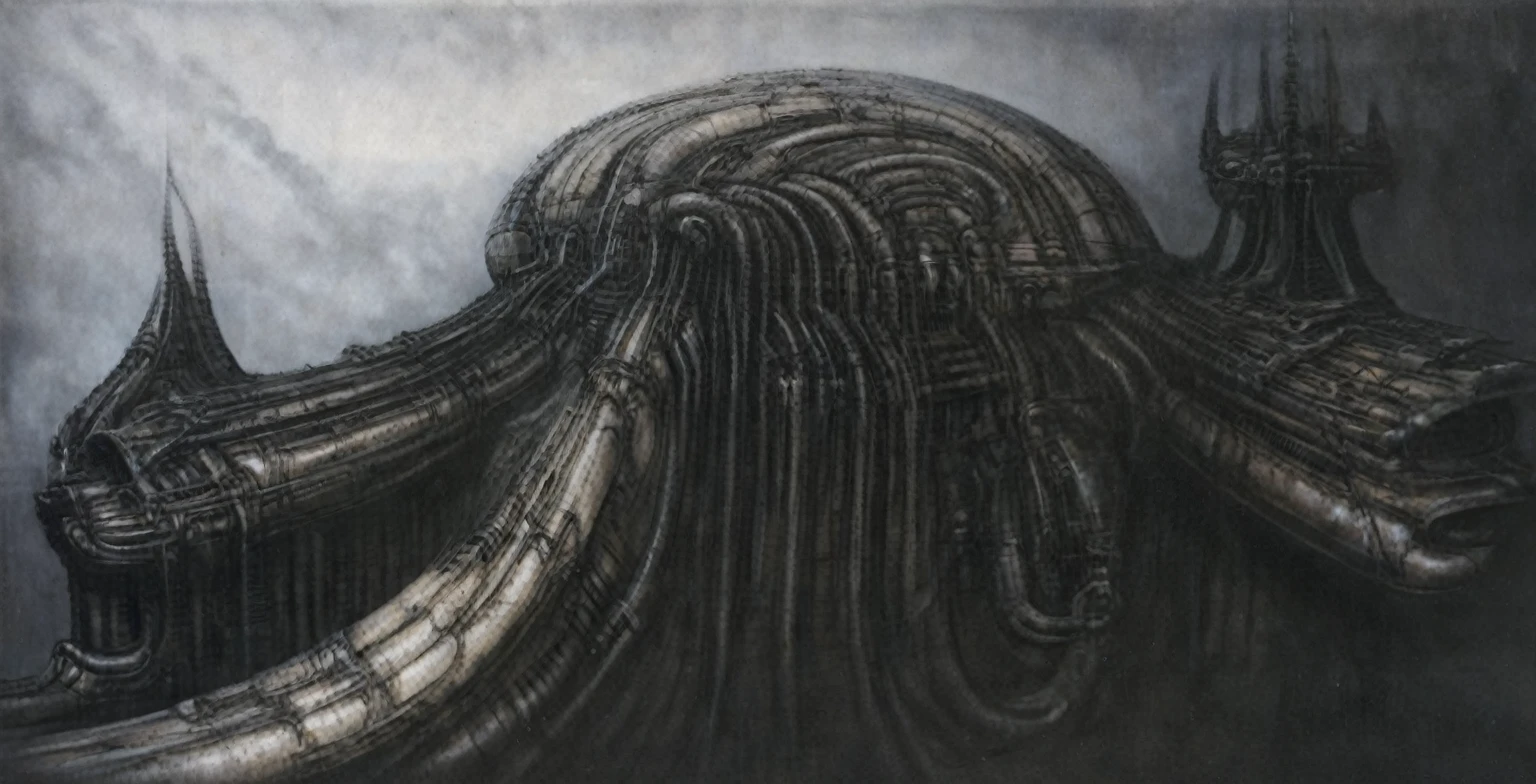 Create biomechanical tableau with some of the artistic techniques and compositional features used in /&quot;Necron IV/” by h r (Hans Rudie) giger:
 The image depicts a complex, sprawling city made of dark ivory, metal and wires. The city is densely packed with loops and twists, resembling a massive, intricate machine.
The painting is composed around a central focus of bone-like celestial formations and tectonic weathering structures with a phallic spine. This central form is the most detailed and brightly lit part of the painting, and it draws the viewer's eye in.The central focus is emphasized by the use of light and shadow. The light source is coming from the top left of the painting, and it casts a bright spotlight on the scene.
Biomorphic forms: The biomechanical forms in the painting are inspired by biological organisms, but they are also machine-like. These forms create a sense of unease and discomfort, as they blur the line between the natural and the artificial
. The image is highly detailed and intricate, uses, with transparent organs and bones exposed). The piece has a thick mechano-organic texture and is covered in fine details. The image has a swirling, organic quality to it. The artistic manner would be unmistakably Gigeresque. A dark and unsettling beauty would permeate the piece, blurring the lines between fascination and repulsion , forever haunted by the grotesque allure. Giger's signature artistic manner would be evident in every stroke. The airbrush would be wielded with masterful precision to create a hyperrealistic yet nightmarish aesthetic.,hrgiger,H.G. Giger Style, Biomechanics,HRGigerArhP style