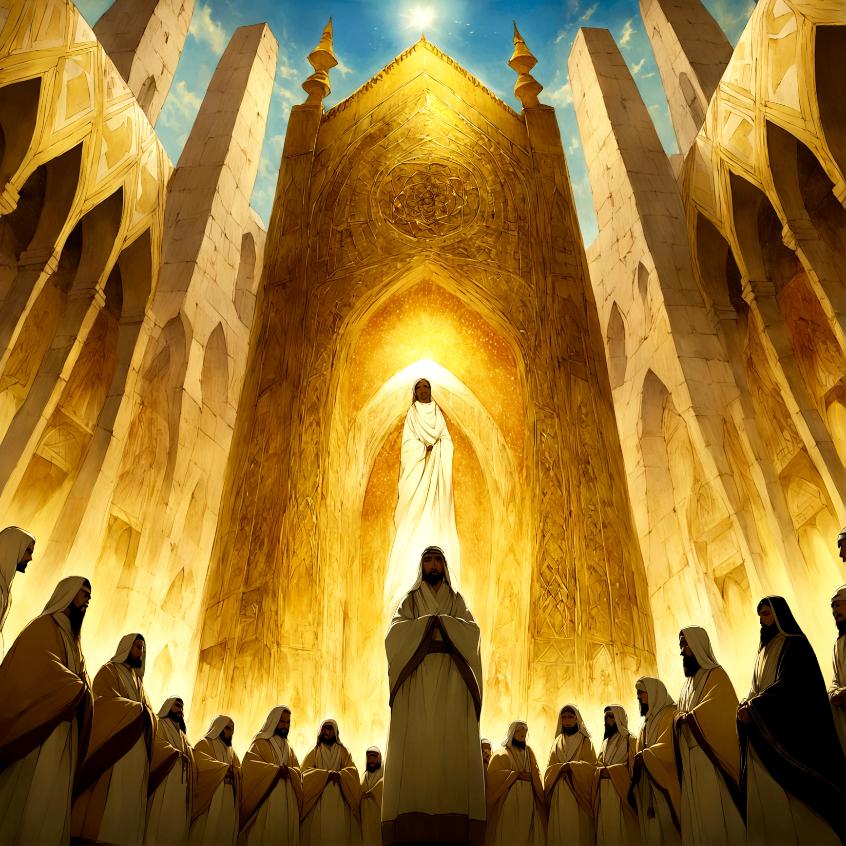 "Create a vibrant and serene illustration celebrating Haji Day, showcasing the significance and beauty of this special occasion. The scene should depict pilgrims dressed in white Ihram garments, gathered around the Kaaba in the Holy Mosque of Mecca. The atmosphere should be spiritual and peaceful, with the pilgrims engaged in prayer and reflection. The sky should be clear, with a golden hue suggesting the early morning light. Include elements that highlight the diversity of the pilgrims, showing people of various ethnicities and ages united in their devotion. The image should evoke a sense of unity, faith, and tranquility."