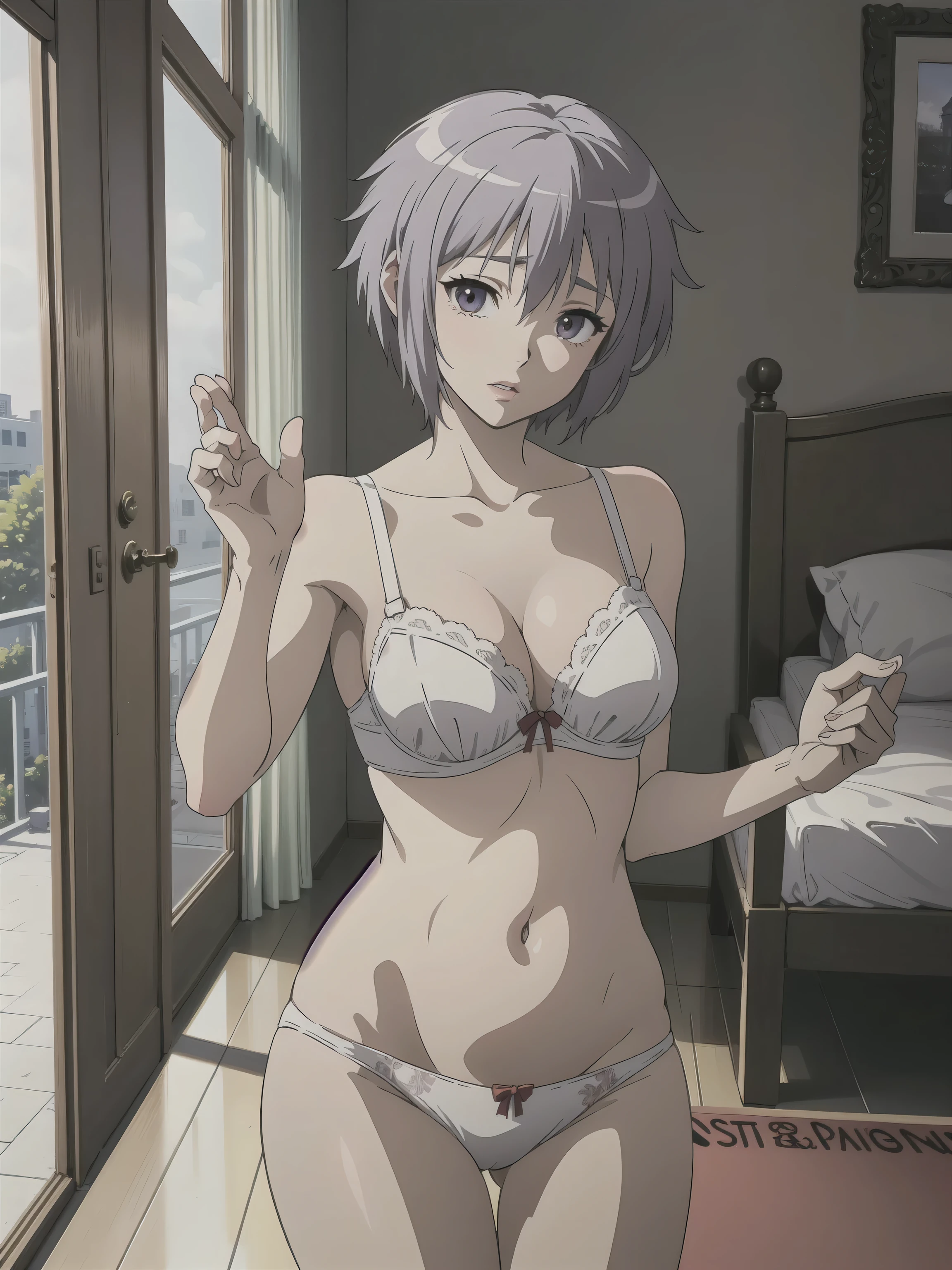 (A superb exquisite yuki nagato), (yuki nagato:1.5), brown eyes, brown hair, natural straight hair, solo, nature, extremely delicate, straight facial features, peerless beautiful girl, soft, (sensual face), ((ecchi face)), dreamy quality, exaggerated facial features, solid color, frank holly, delicate face, bright lips, slender waist, soft curves, super fine, 4k, natural moving, Ultra high resolution, (masterpiece:1.2, best quality), (finely detailed beautiful eyes: 1.2), (beautiful detailed face), sexy nude model, sexy pose, (medium chest), (Perfect Body Proportions), (bedroom), Mekosuji, Spread your legs a little and show off your crotch, bra & panties,