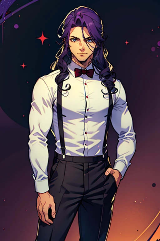 Muscular masculine adult man age 31 with long curly wavy hair to lower back with red pupils and black sclera with bluish violet skin wearing dress pants with suspenders and white polka dot shirt