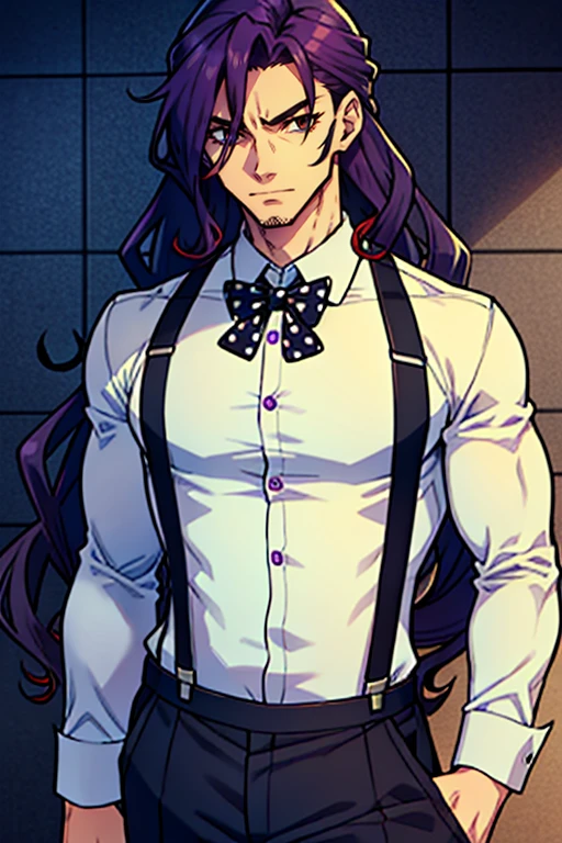 Muscular masculine adult man age 31 with long curly wavy hair to lower back with red pupils and black sclera with bluish violet skin wearing dress pants with suspenders and white polka dot shirt 