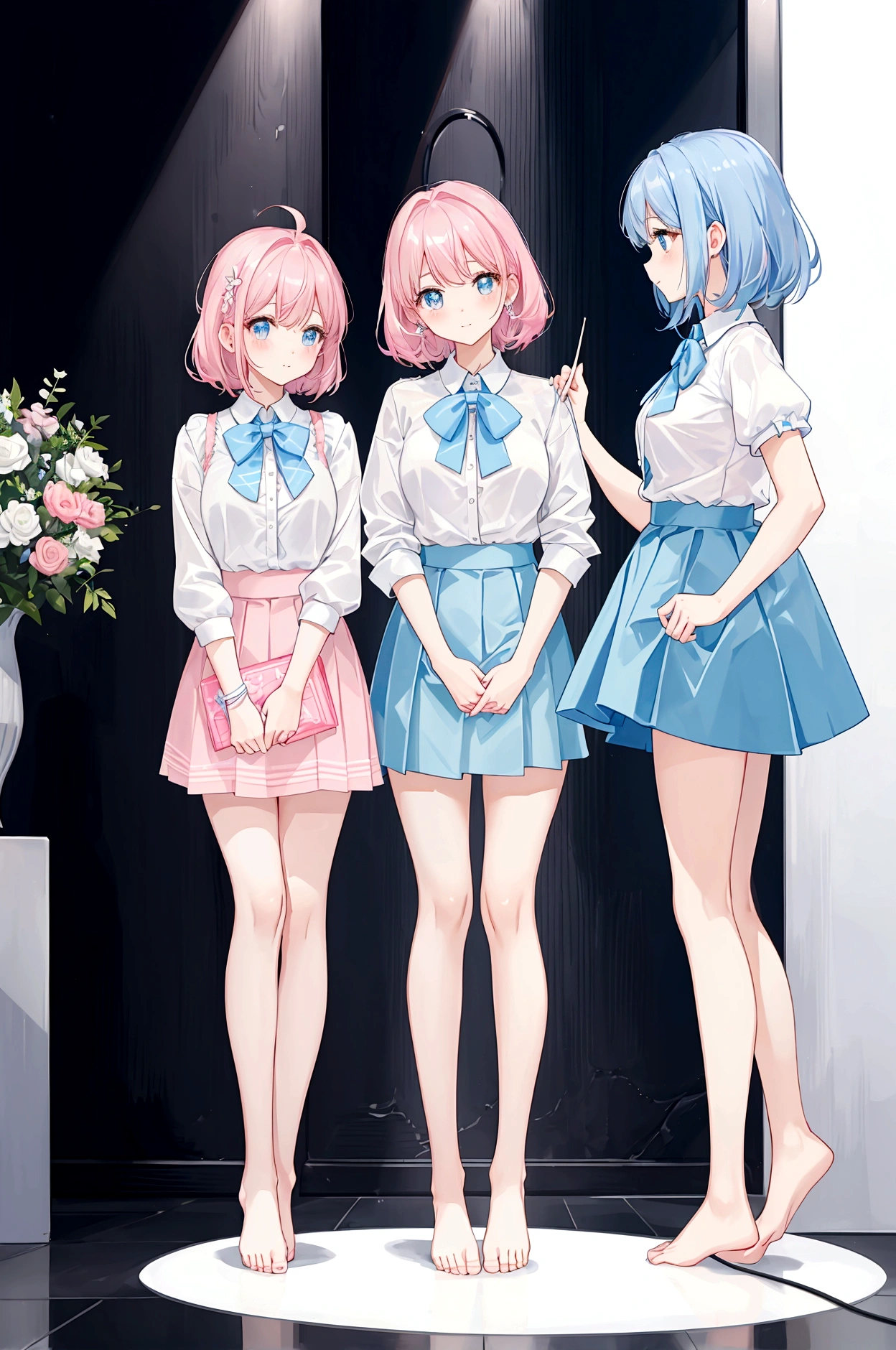 Three sisters of different heights、A cute white blouse with a cute light blue bra showing through it、Cute pink flare skirt、A cute light blue underwear that can be seen when you lift up your skirt、barefoot、Company interview venue