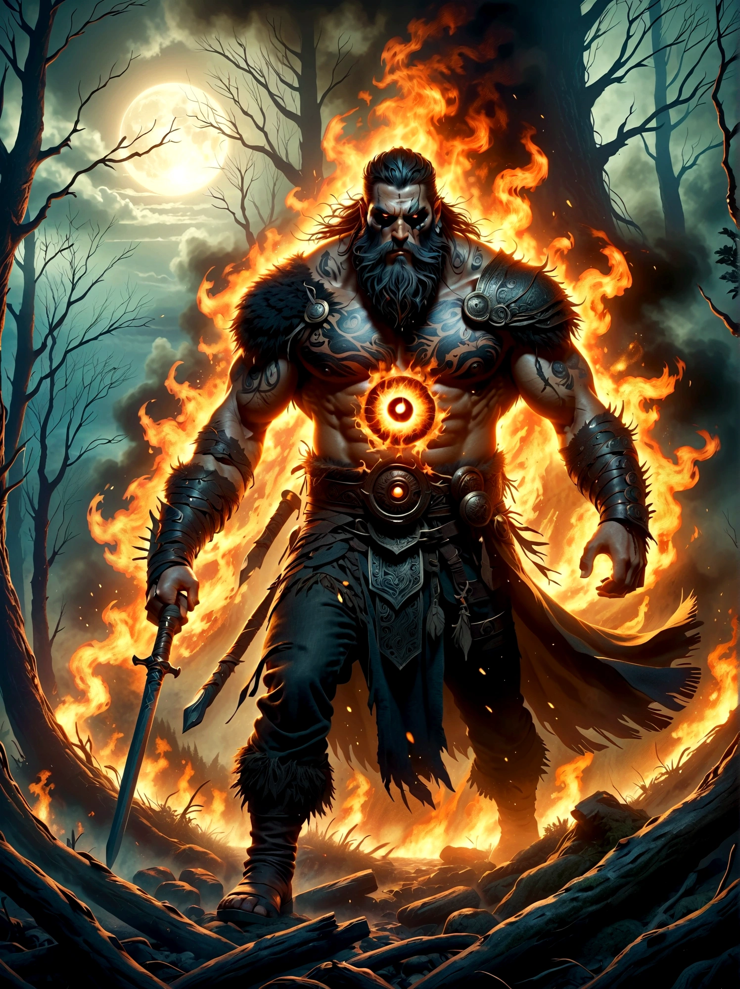 A one-eyed giant from Norse mythology, with a huge single eye covered by a black eye patch, depicted in a full-body view from a distance. The giant appears powerful and wild, with intricate details. The setting is a dark forest ablaze with hellish flames, creating a harsh environment. The artwork is in fantasy style, dark fantasy, with dramatic lighting, evoking an epic sense of destruction and fear. The image should be of the highest quality, 8k resolution, highly detailed, with 1.4 times the realism.