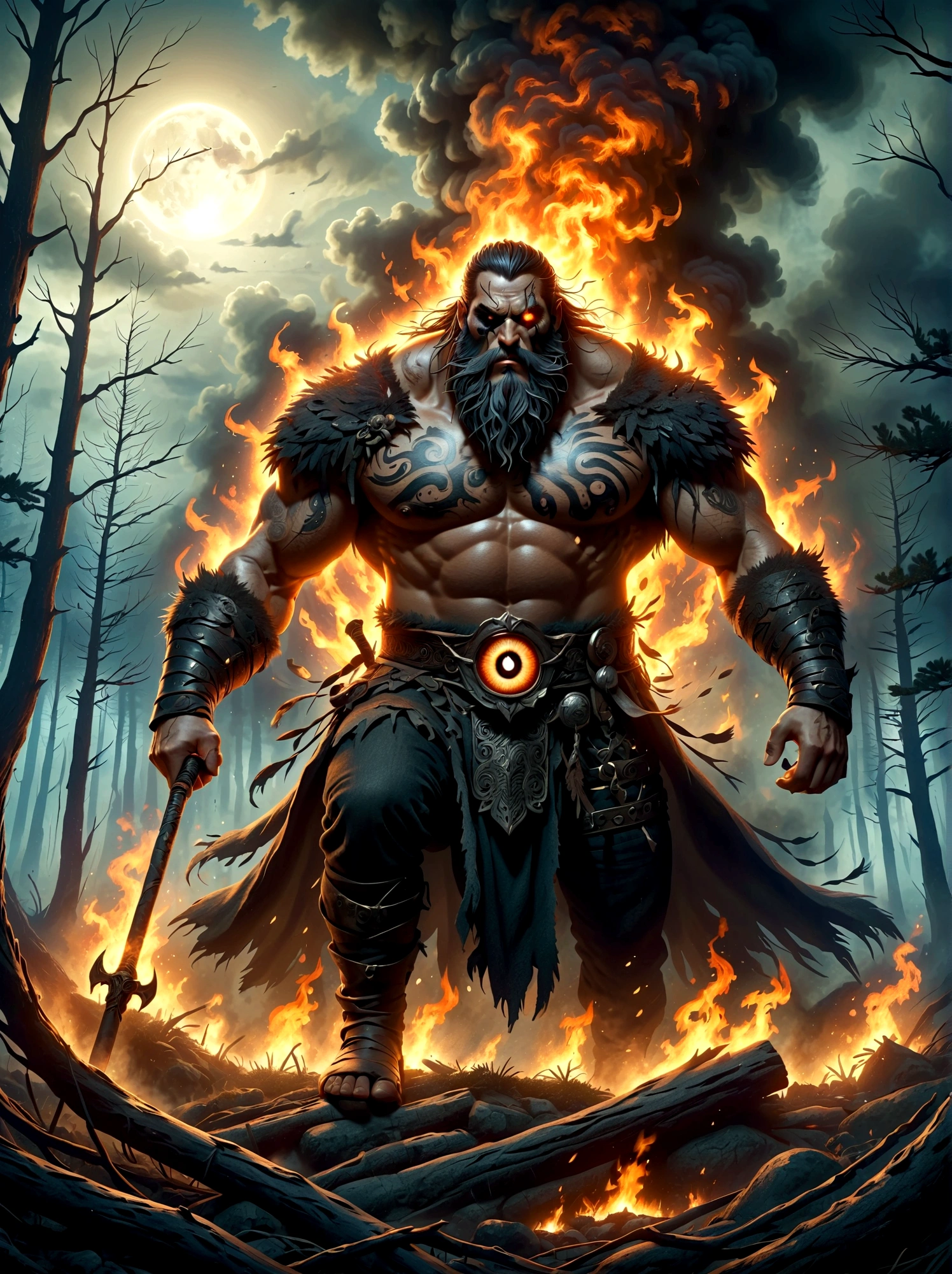 A one-eyed giant from Norse mythology, with a huge single eye covered by a black eye patch, depicted in a full-body view from a distance. The giant appears powerful and wild, with intricate details. The setting is a dark forest ablaze with hellish flames, creating a harsh environment. The artwork is in fantasy style, dark fantasy, with dramatic lighting, evoking an epic sense of destruction and fear. The image should be of the highest quality, 8k resolution, highly detailed, with 1.4 times the realism.