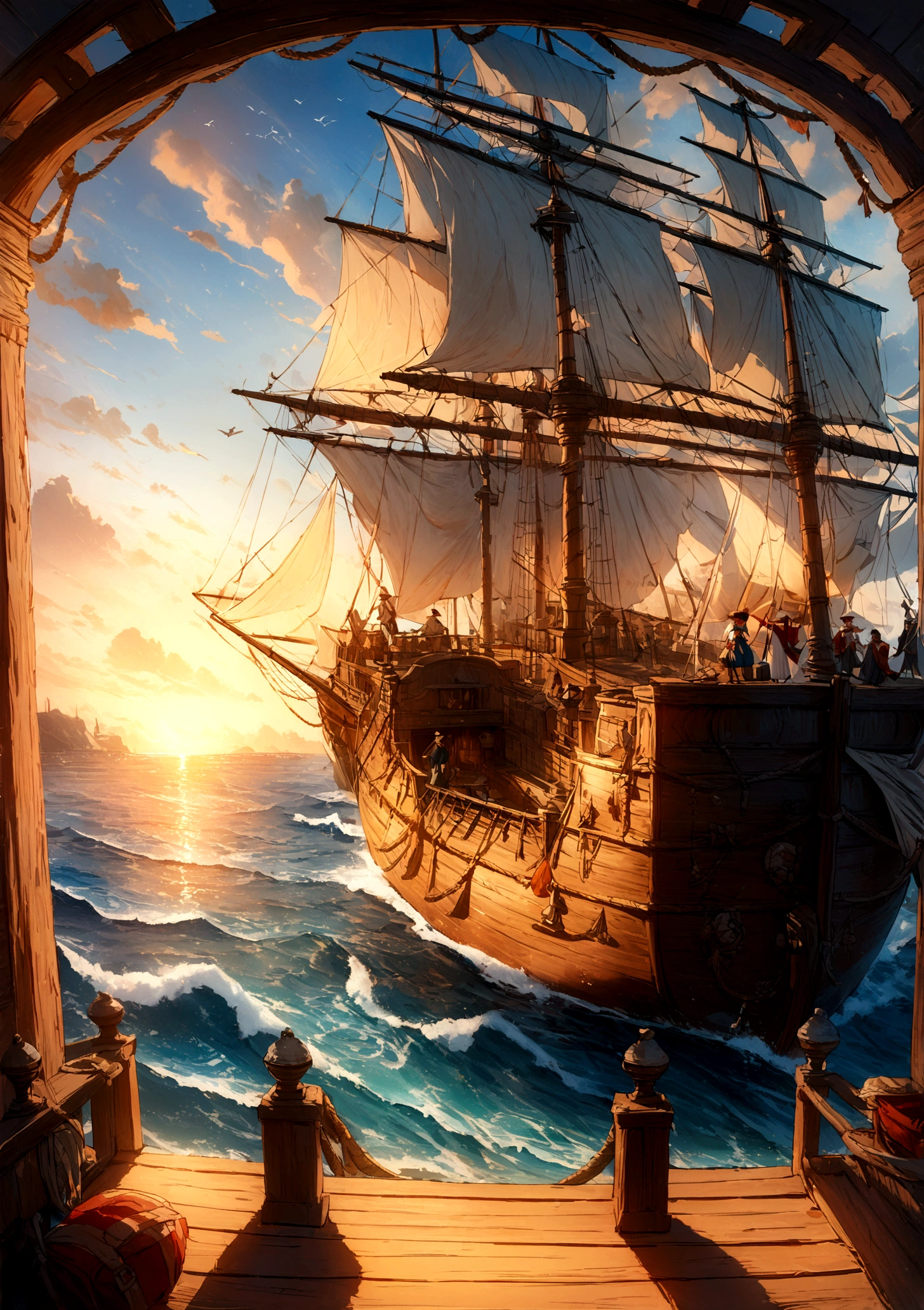 (8K,Highest quality, Ultra-high resolution:1.5, masterpiece:1.3),A picture of a ship floating on the sea with the sunset as the background, Jan J, Raymond Han, Awesome Wallpapers, on a pirate ship background, Old pirate ship, Detailed painting 4k, Beautiful artwork illustration, sailboat, Arthur Pang, Ships at sea, Ships with sails, Alexander Guinea, Highly detailed digital art in 4K