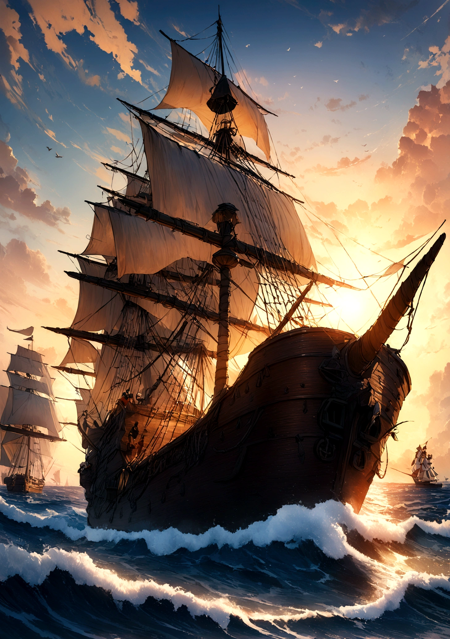 (8K,Highest quality, Ultra-high resolution:1.5, masterpiece:1.3),A picture of a ship floating on the sea with the sunset as the background, Jan J, Raymond Han, Awesome Wallpapers, on a pirate ship background, Old pirate ship, Detailed painting 4k, Beautiful artwork illustration, sailboat, Arthur Pang, Ships at sea, Ships with sails, Alexander Guinea, Highly detailed digital art in 4K