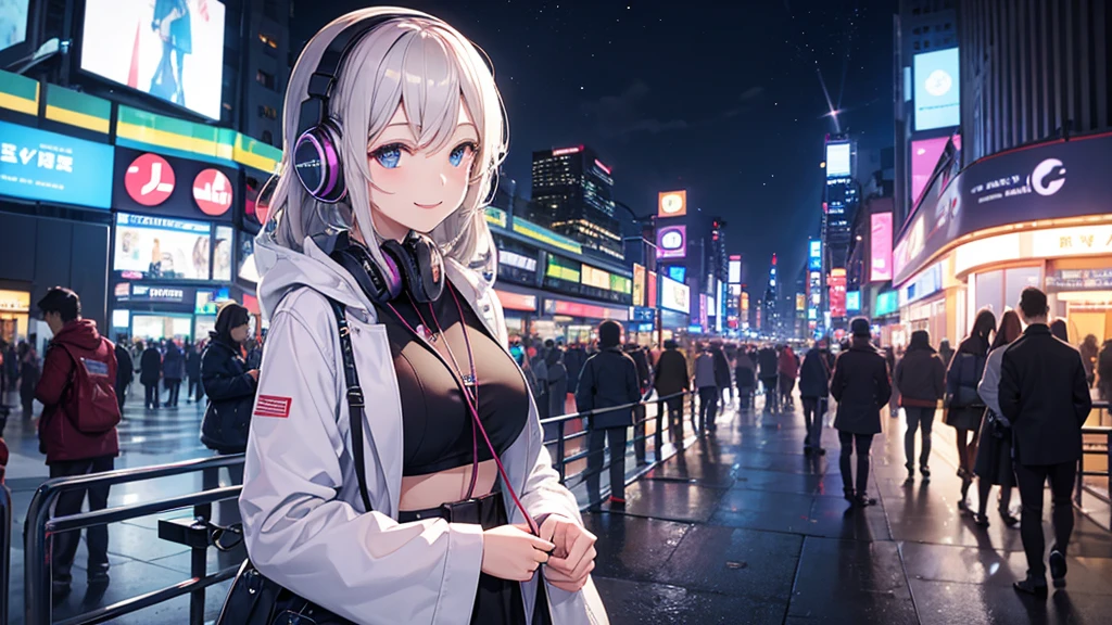 Listening to music through headphones、Smiling woman、New York at Night