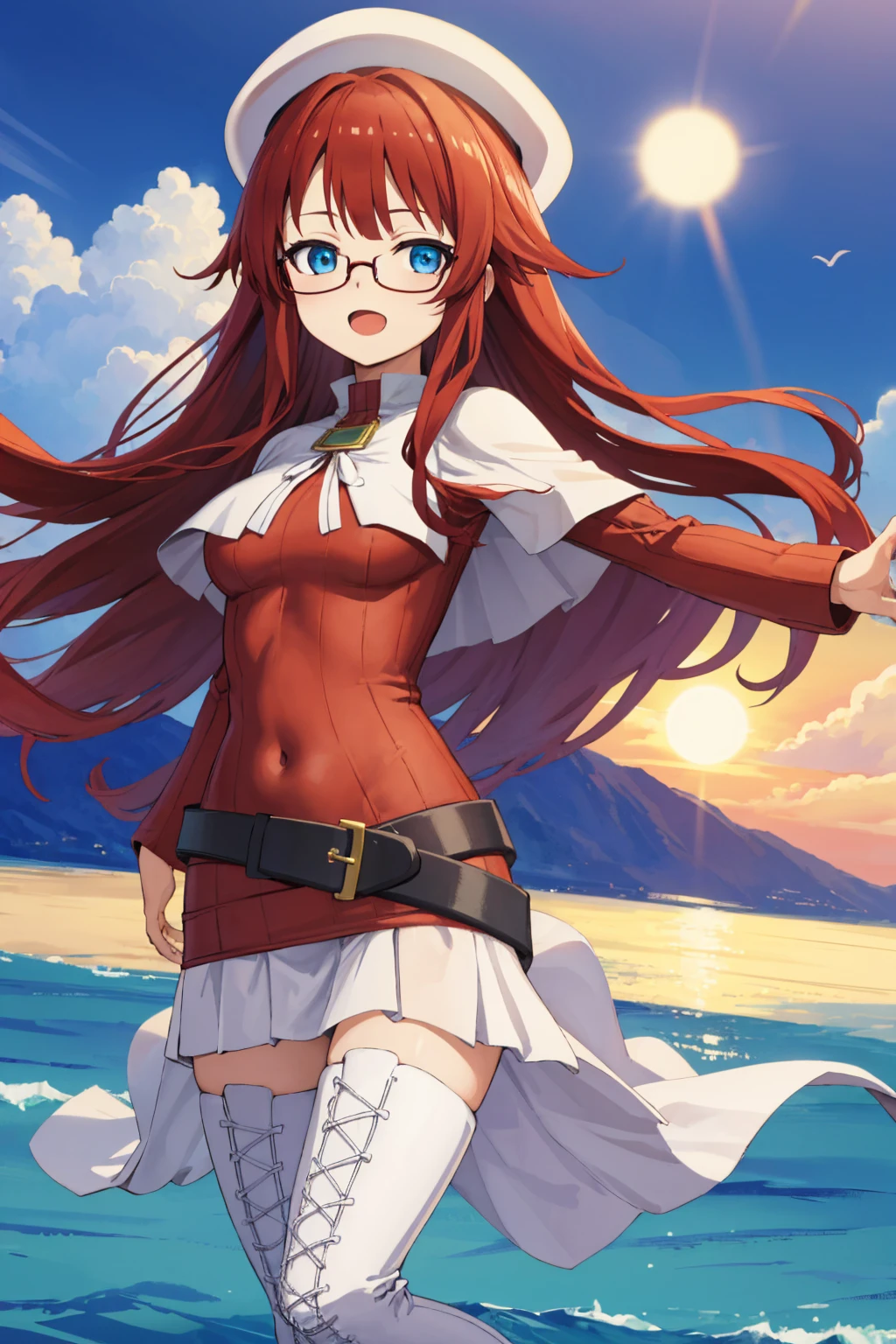 summonnightaty, aty, (young:1.3),long hair, blue eyes, red hair, big_tits, hat, glasses,
BREAK long hair, thighhighs, hat, dress, naked_legs, glasses, belt, cape, sweater, zettai ryouiki, beret, thigh boots, white footwear, ribbed sweater, loose belt,solo,
BREAK outdoors, fantasy,on_beach,
,Highquality_hads,perfect_fingers,
BREAK (masterpiece:1.2), best quality, high resolution, unity 8k wallpaper, (illustration:0.8), (beautiful detailed eyes:1.6), extremely detailed face, perfect lighting, extremely detailed CG, (perfect hands, perfect anatomy),covered_nipples,covered_navel ,half_eyes,long_sword,sleepy,red_sweater,apart_knees,magical_effect,spread_legs, have_a_book,teacher,rise_knee,Smile,rise_hand,look_down_viewer,spread_arms,sea_waves,looking_into,blue_sky,plump,open_mouth, dynamic_posing,solo,