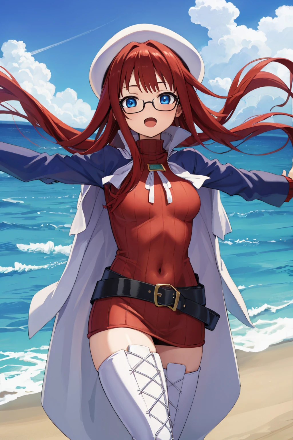 summonnightaty, aty, (young:1.3),long hair, blue eyes, red hair, big_tits, hat, glasses,
BREAK long hair, thighhighs, hat, dress, naked_legs, glasses, belt, cape, sweater, zettai ryouiki, beret, thigh boots, white footwear, ribbed sweater, loose belt,solo,
BREAK outdoors, fantasy,on_beach,
,Highquality_hads,perfect_fingers,
BREAK (masterpiece:1.2), best quality, high resolution, unity 8k wallpaper, (illustration:0.8), (beautiful detailed eyes:1.6), extremely detailed face, perfect lighting, extremely detailed CG, (perfect hands, perfect anatomy),covered_nipples,covered_navel ,half_eyes,long_sword,sleepy,red_sweater,apart_knees,magical_effect,spread_legs, have_a_book,teacher,rise_knee,Smile,rise_hand,look_down_viewer,spread_arms,sea_waves,looking_into,blue_sky,plump,open_mouth, dynamic_posing,solo,